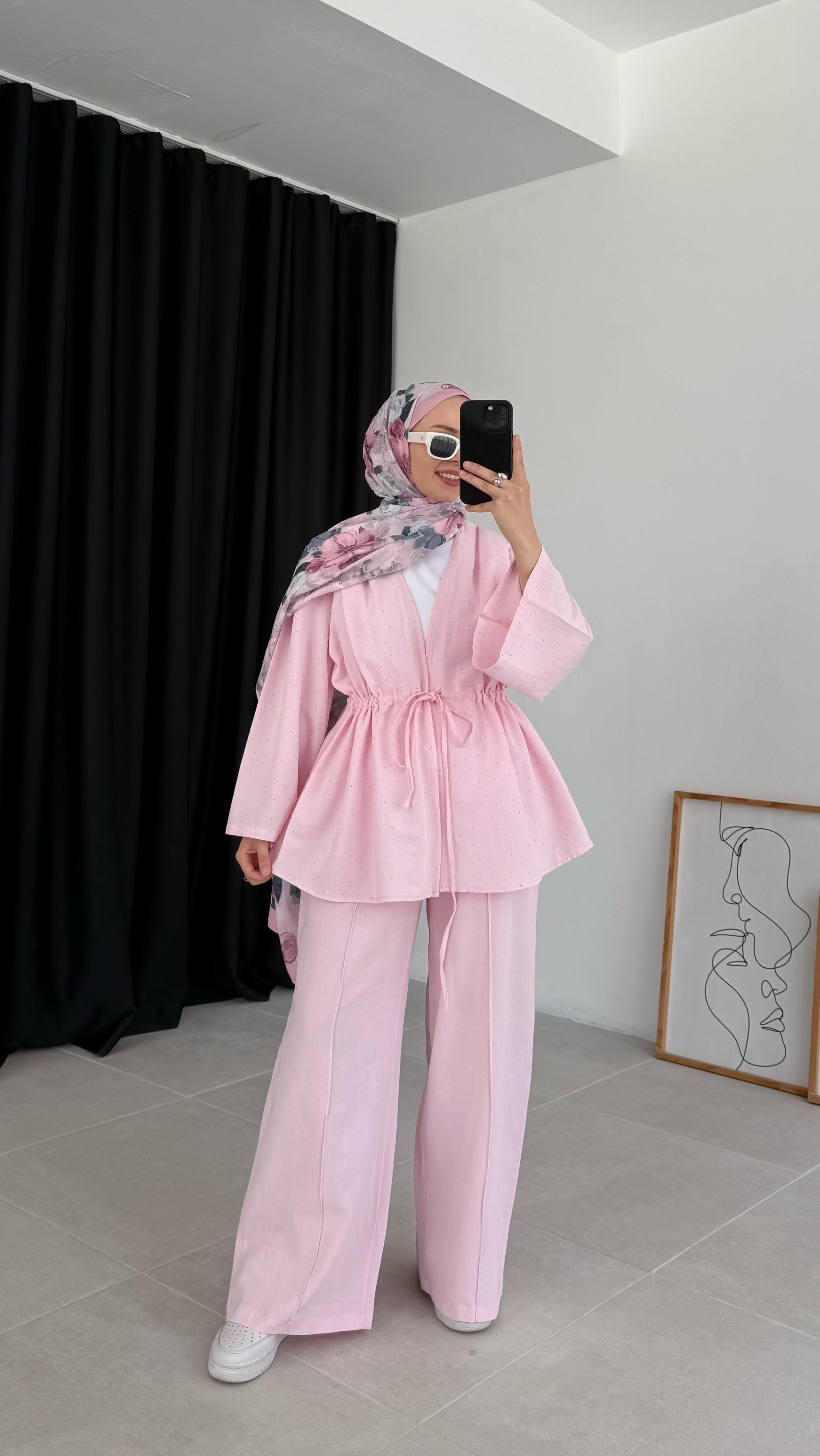 Kalsen Ham Keten Pullu Pembe Takım