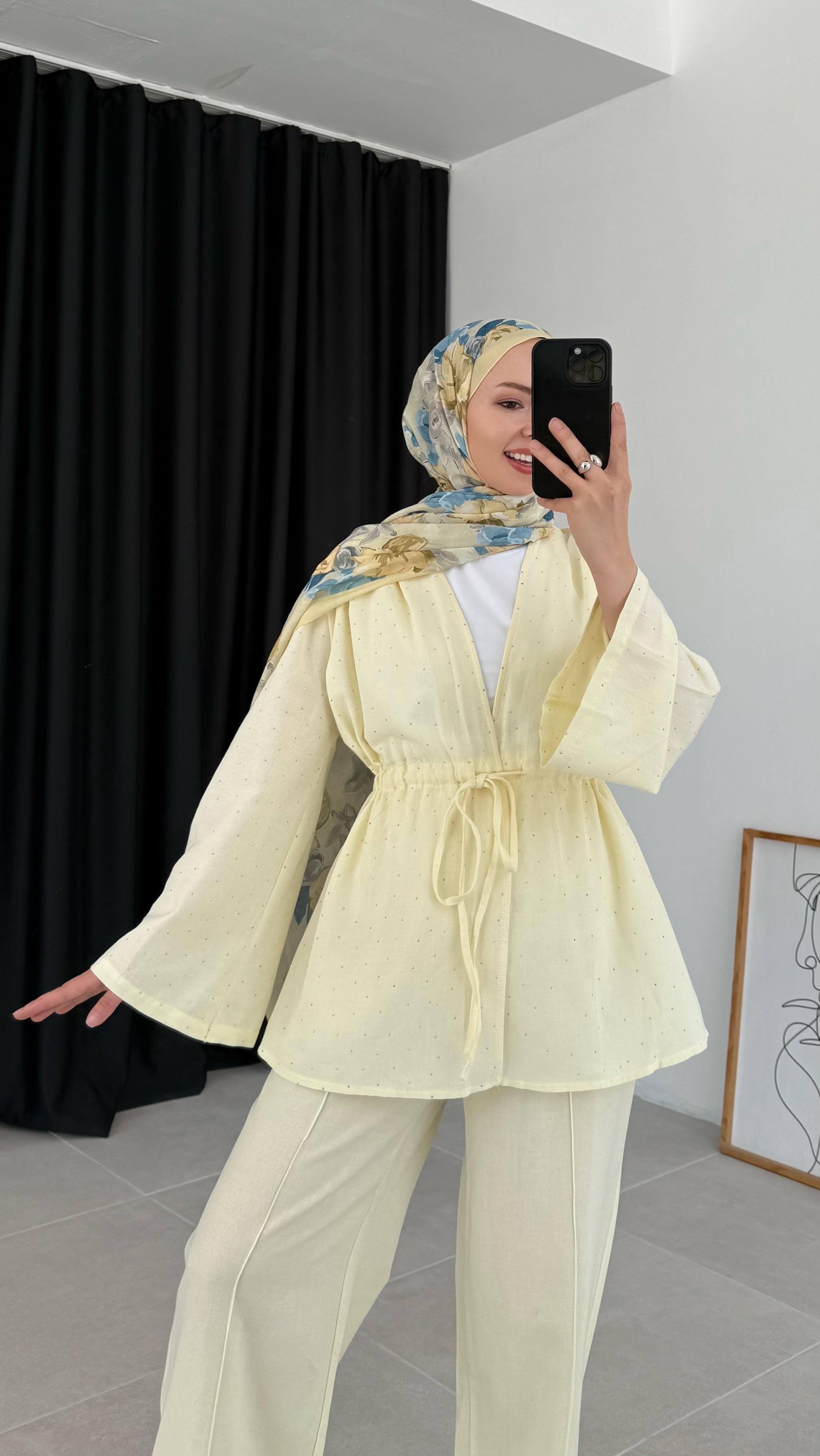 Kalsen Ham Keten Pullu Sarı Takım