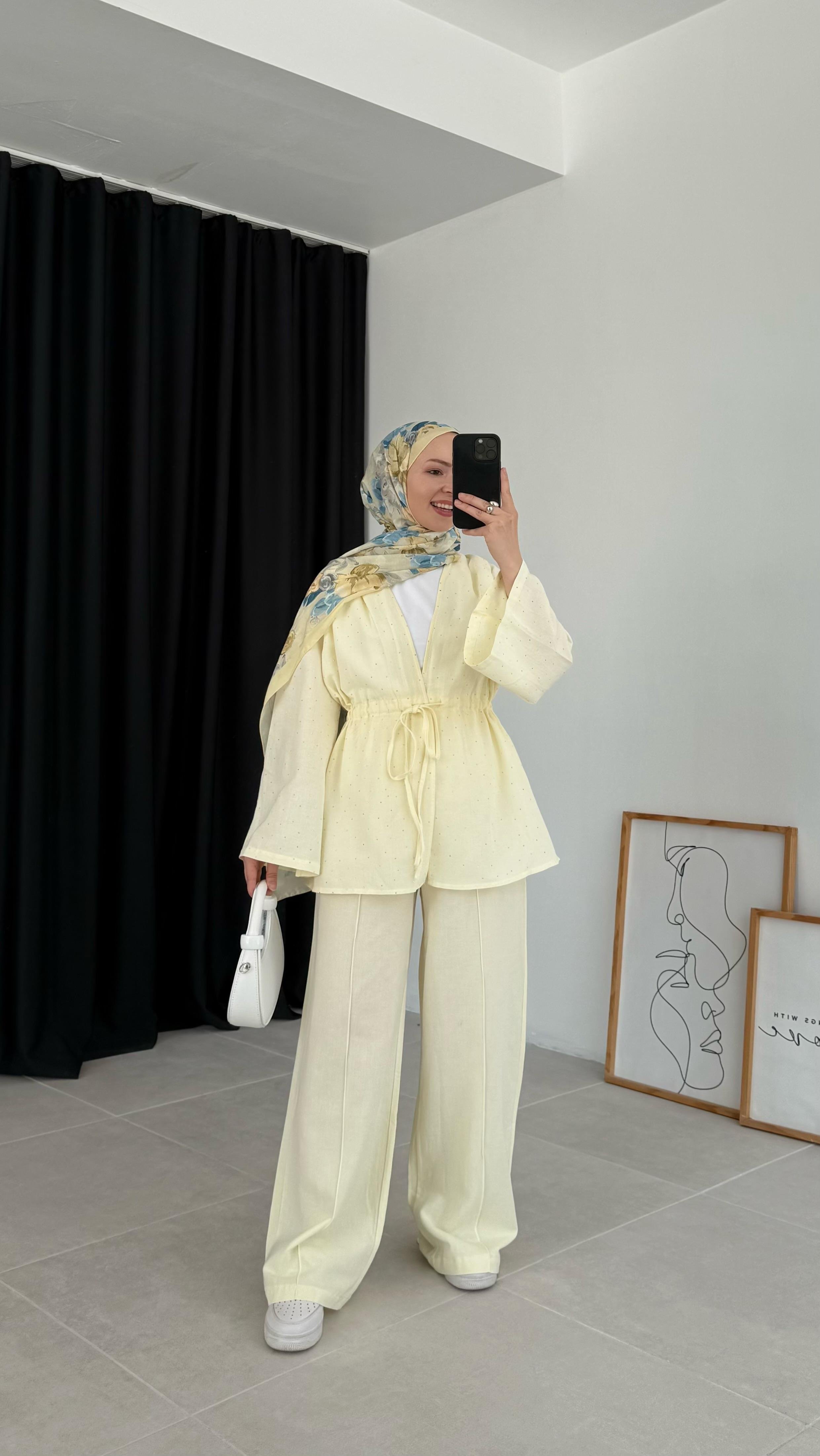 Kalsen Ham Keten Pullu Sarı Takım