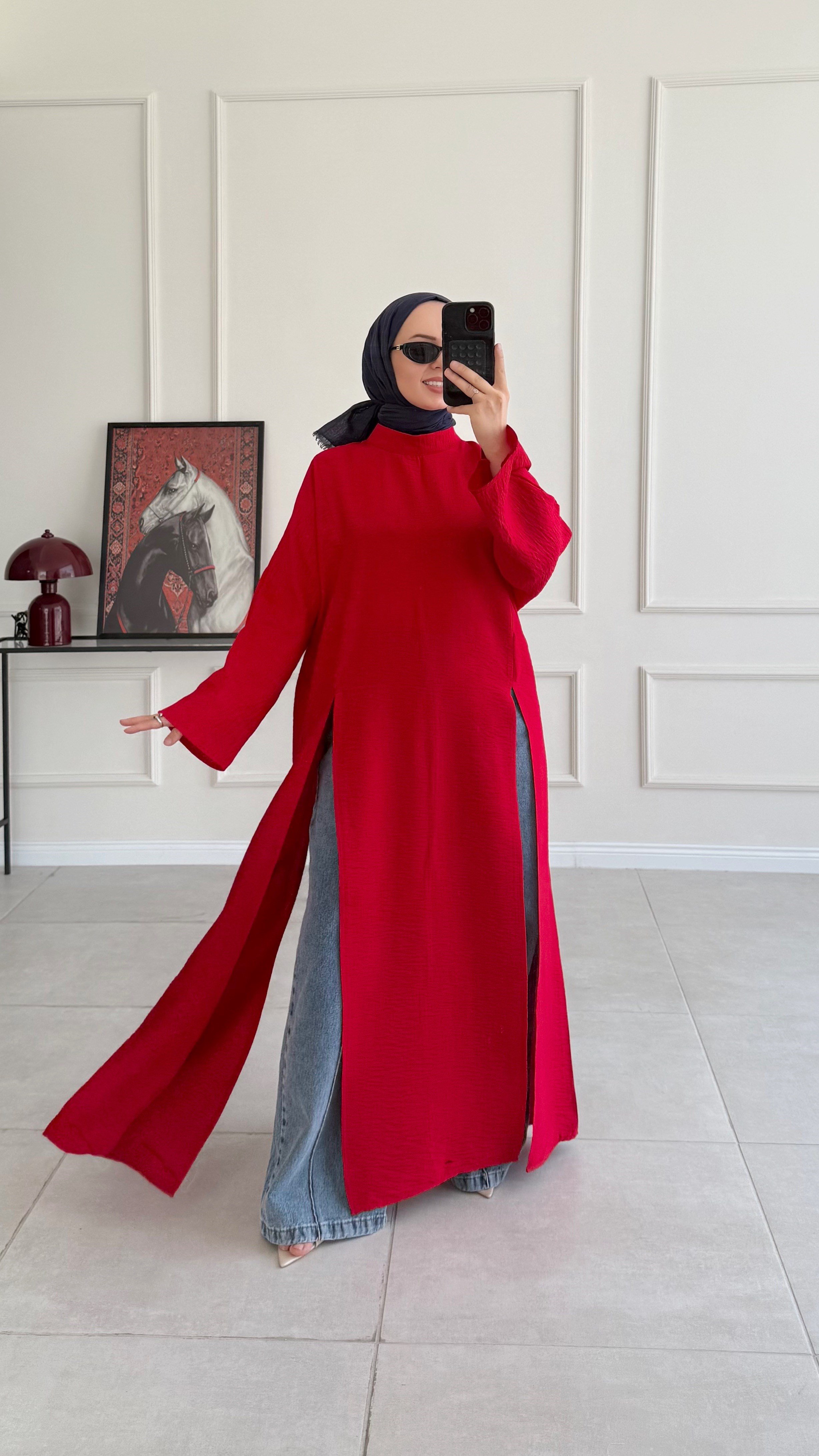 Kamila Oversize Arabic Yırtmaçlı Kırmızı Tunik 