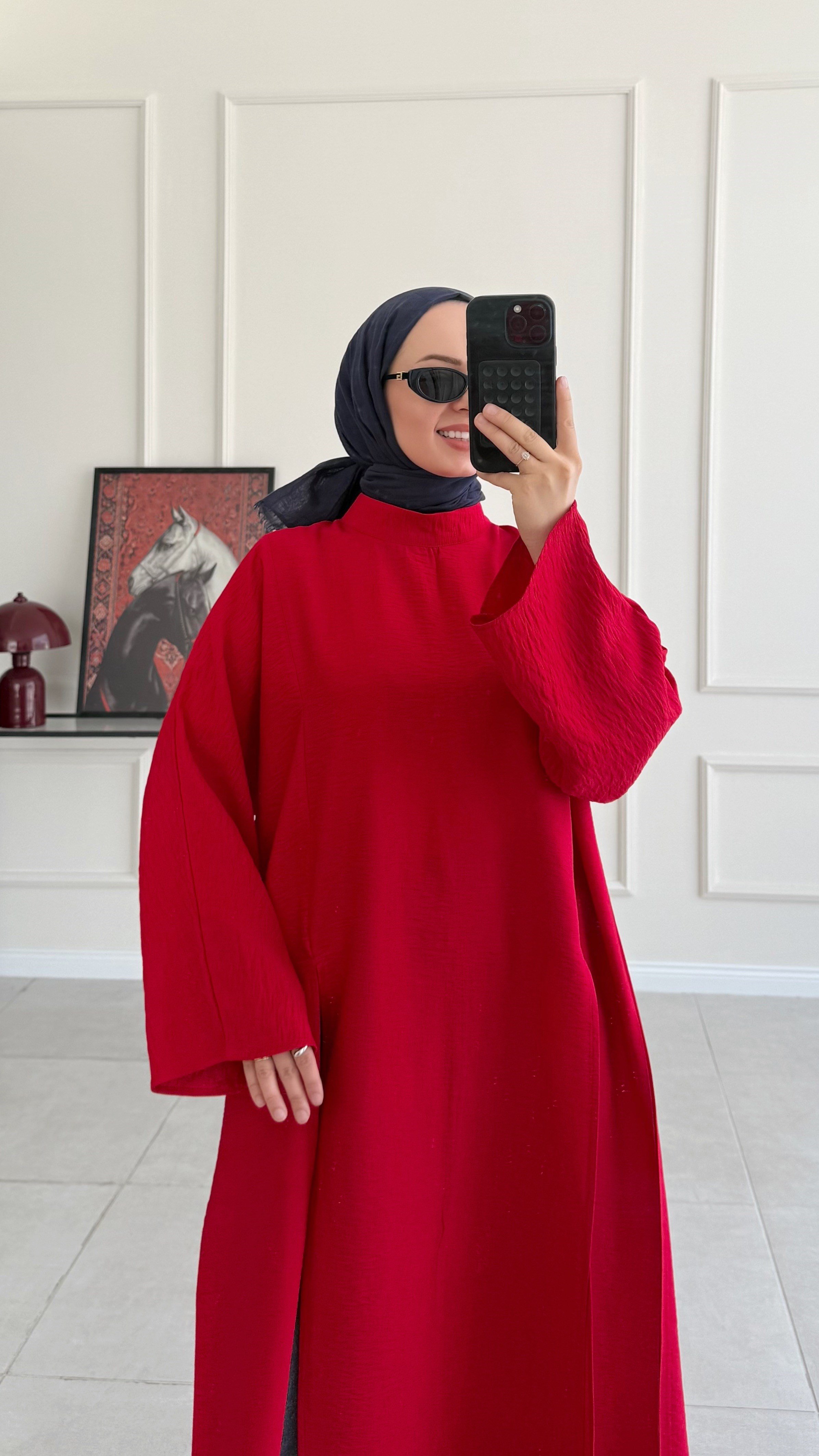 Kamila Oversize Arabic Yırtmaçlı Kırmızı Tunik 