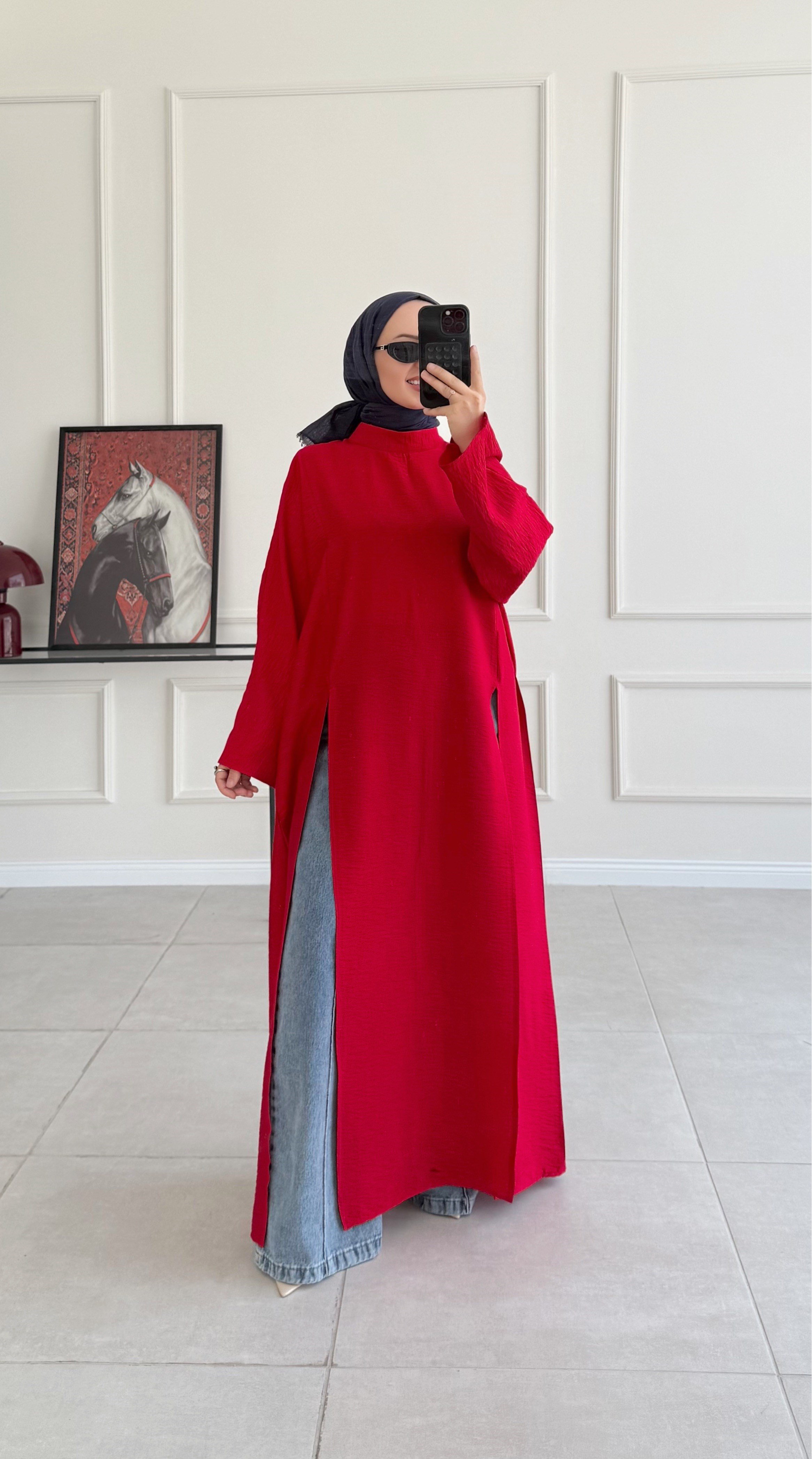 Kamila Oversize Arabic Yırtmaçlı Kırmızı Tunik 