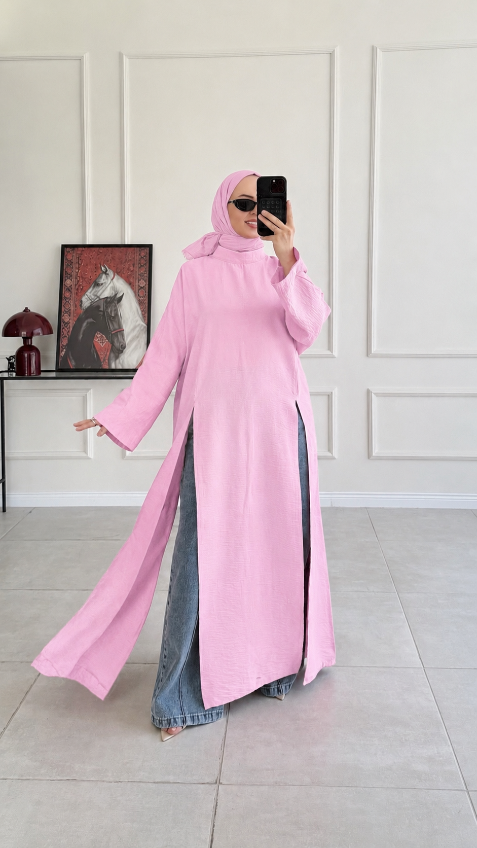 Kamila Oversize Arabic Yırtmaçlı Pembe Tunik 