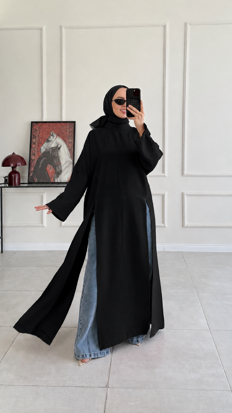 Kamila Oversize Arabic Yırtmaçlı Siyah Tunik 