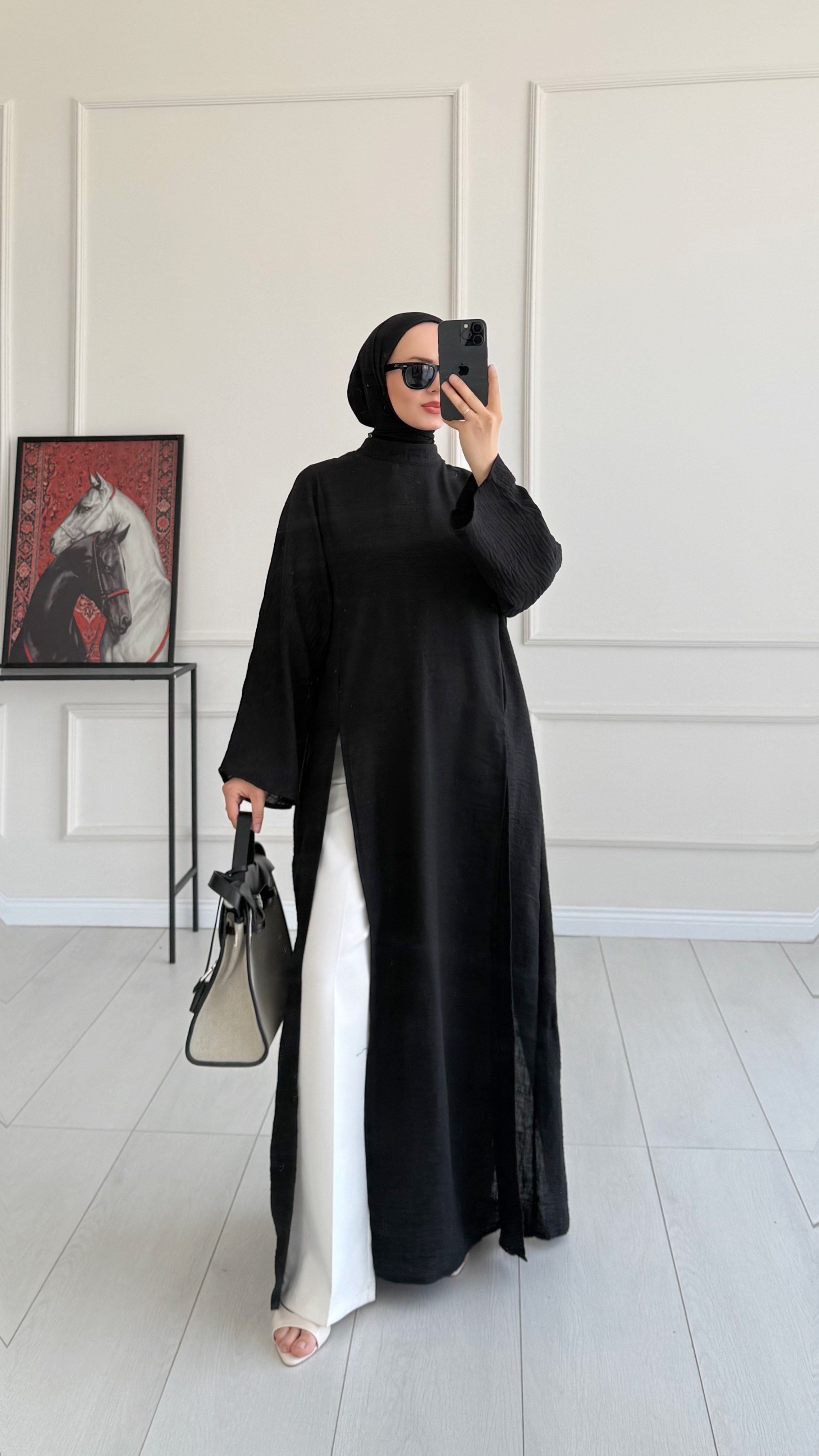Kamila Oversize Arabic Yırtmaçlı Siyah Tunik 