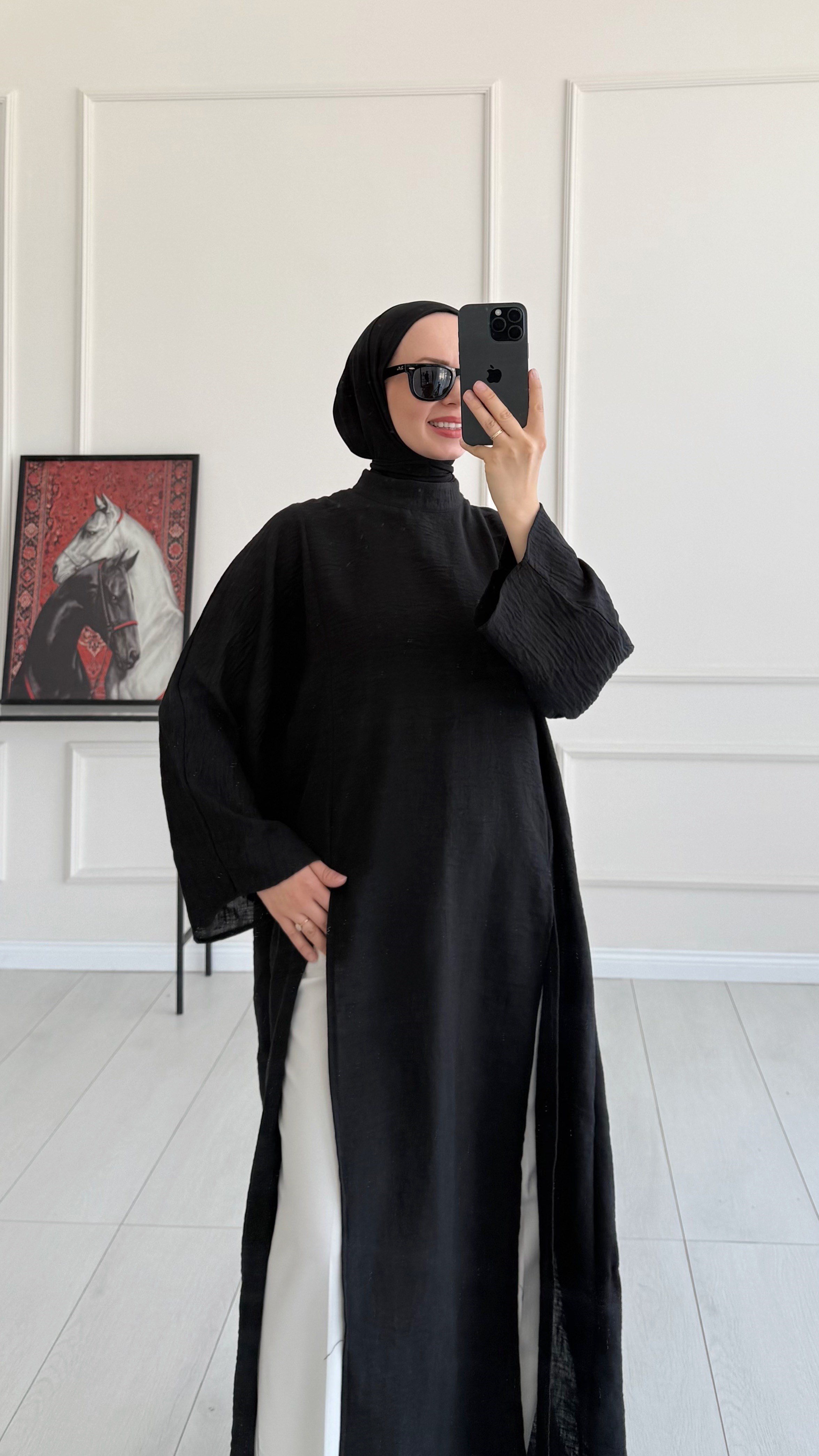 Kamila Oversize Arabic Yırtmaçlı Siyah Tunik 