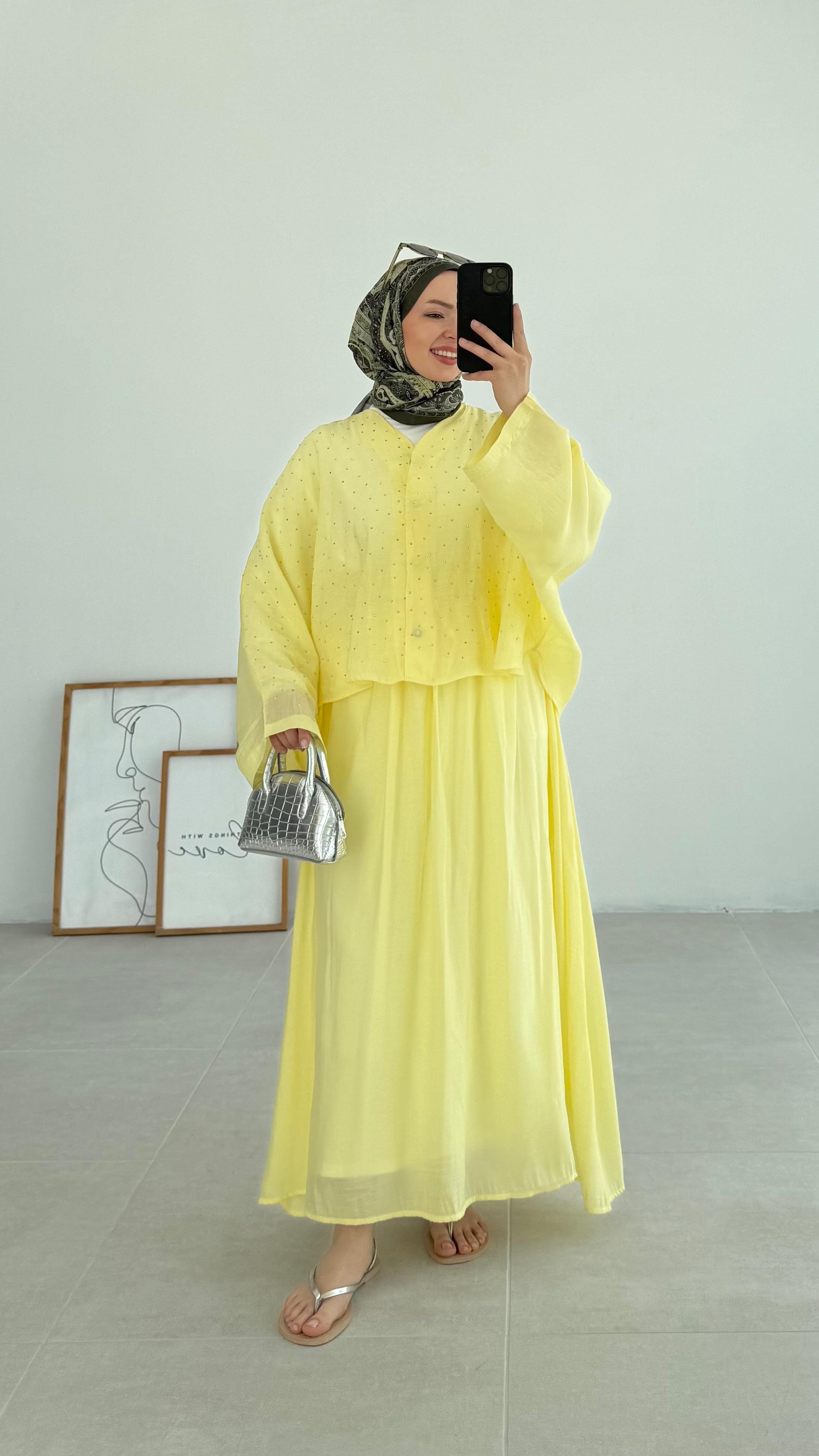 Kanes Pullu Sarı Müslin Takım