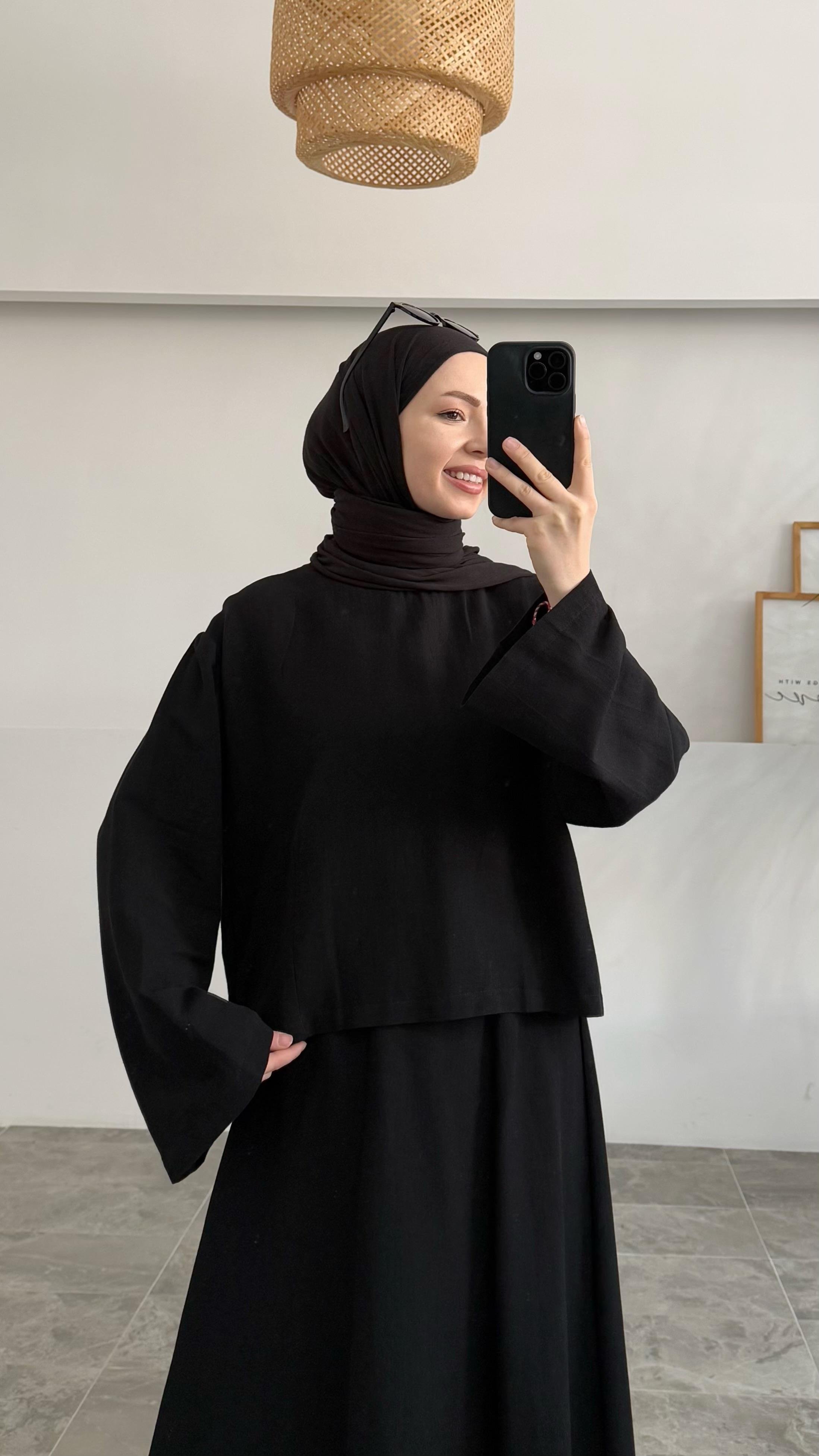 Kanna Premıum Keten Etekli Siyah Takım
