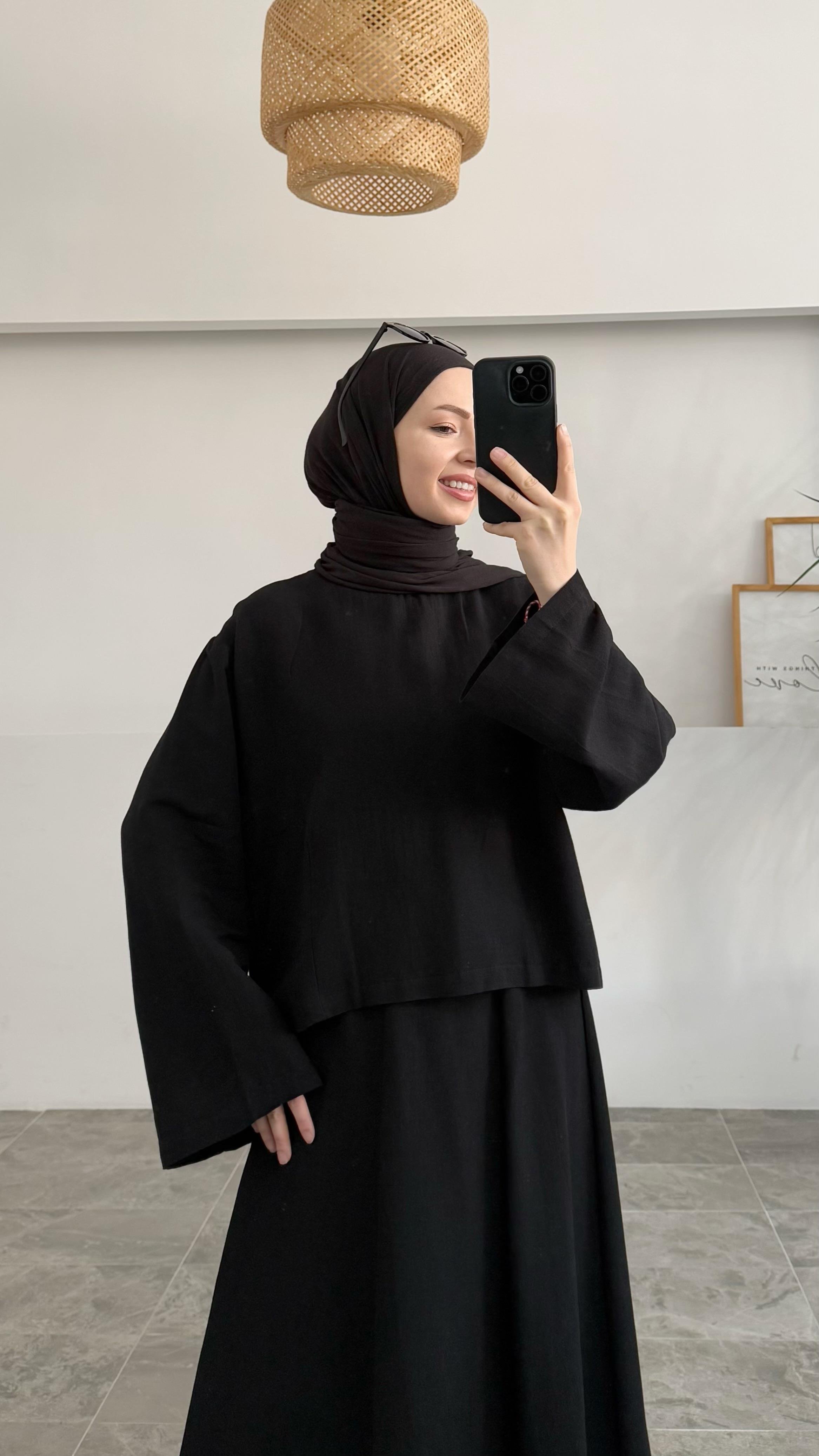 Kanna Premıum Keten Etekli Siyah Takım