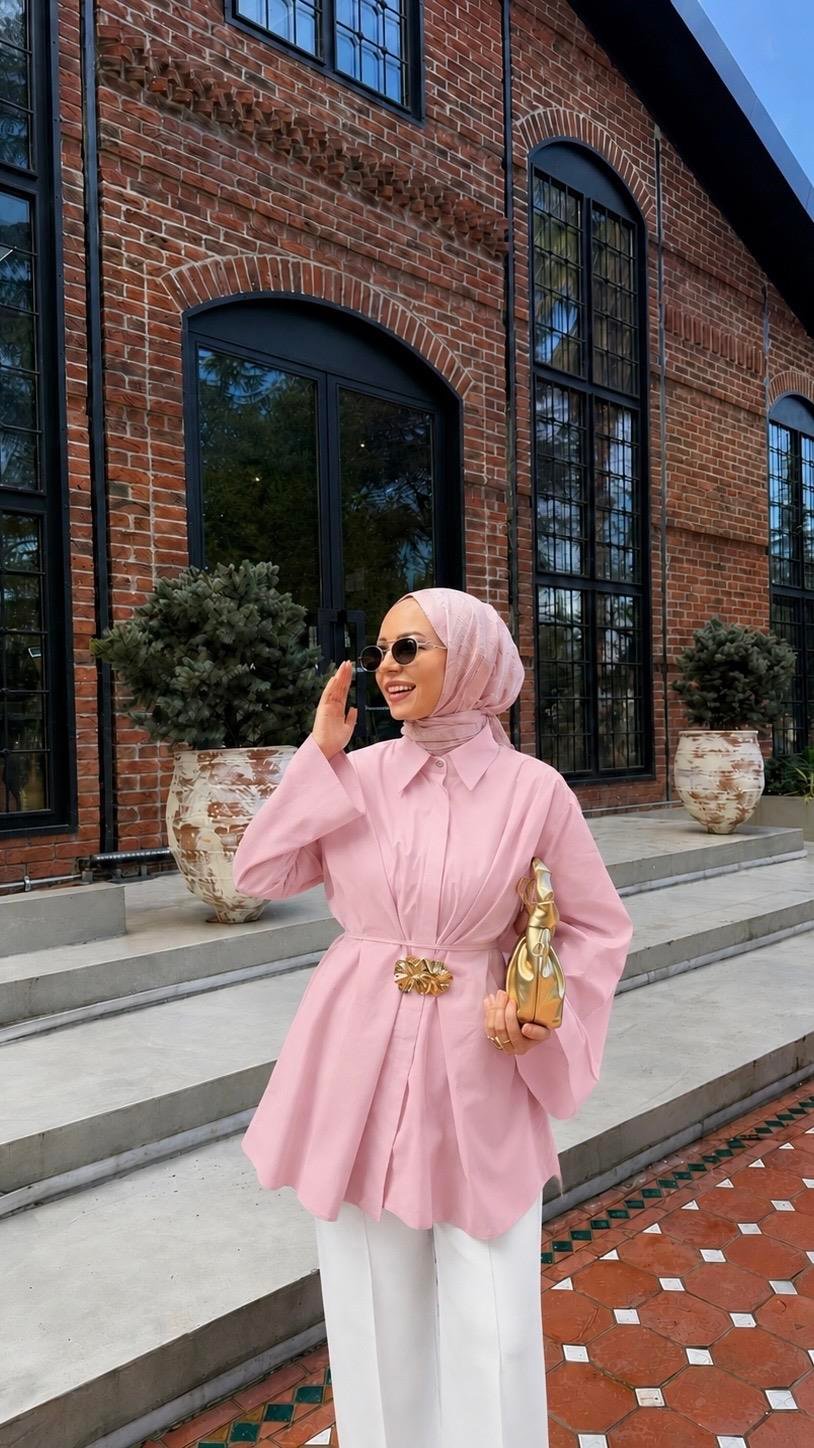 Ladonna Gold Broş Detaylı Pembe Tasarım Gömlek