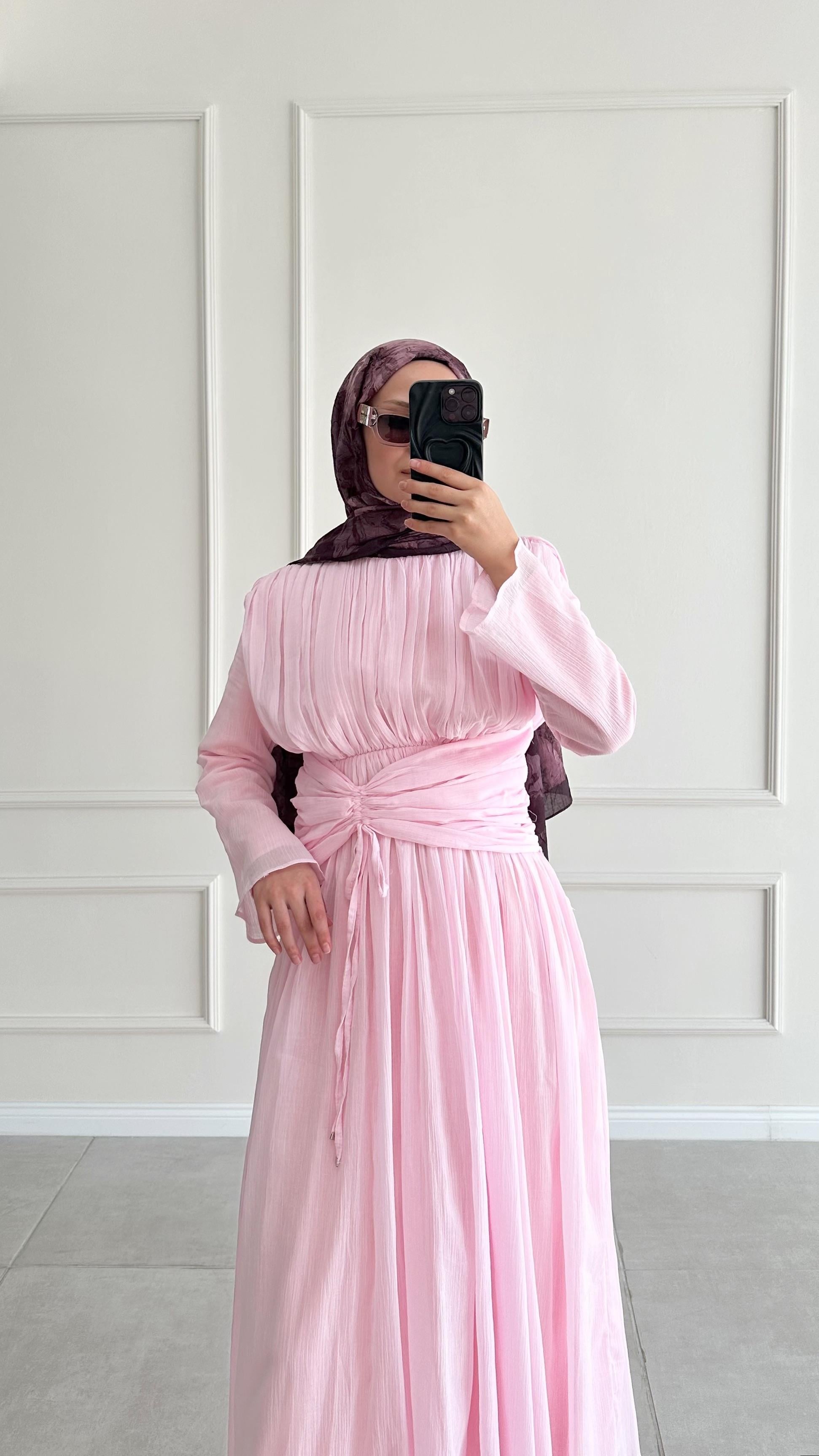 Lares Bel Kuşaklı Vual Pembe Elbise