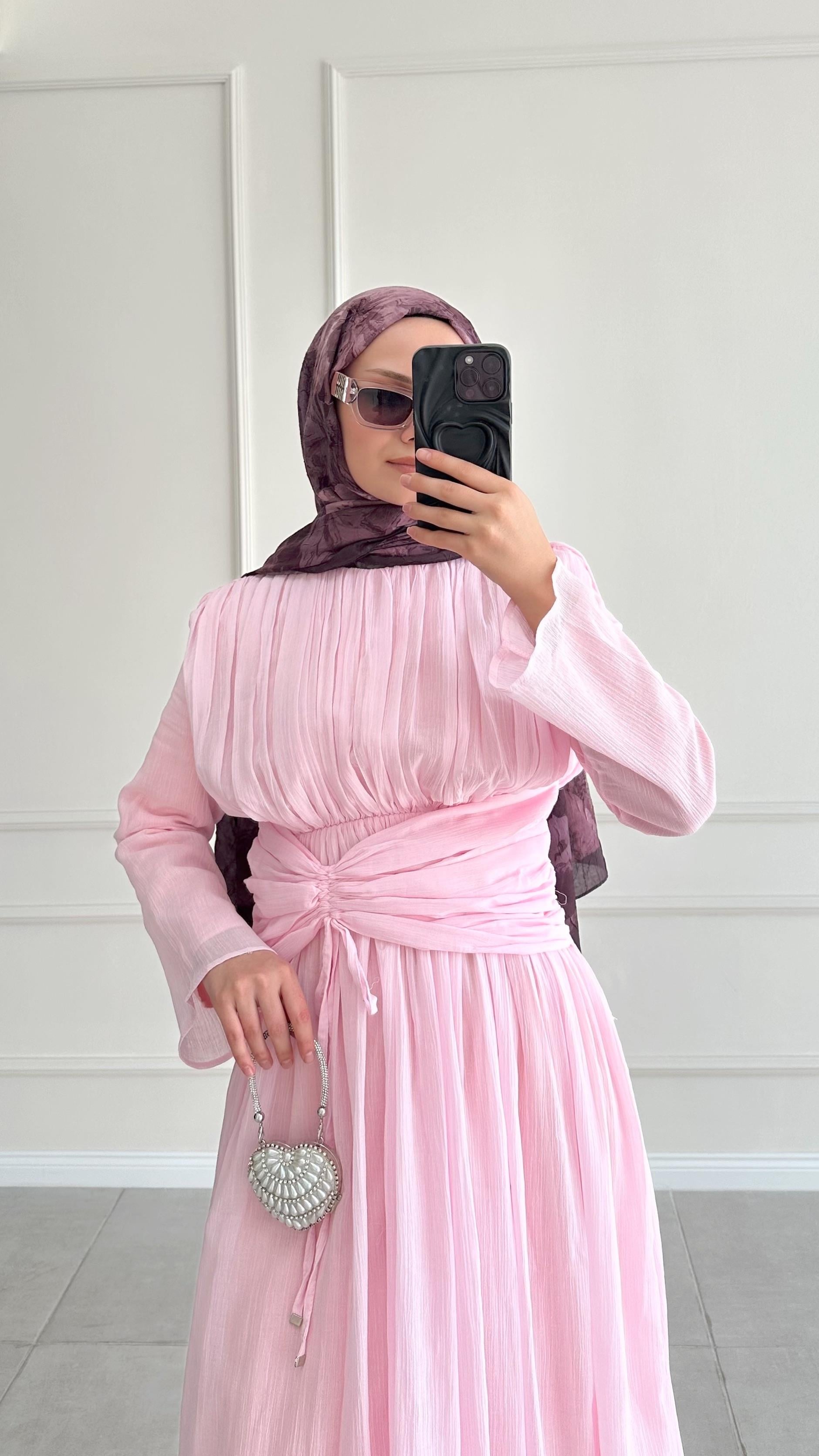 Lares Bel Kuşaklı Vual Pembe Elbise