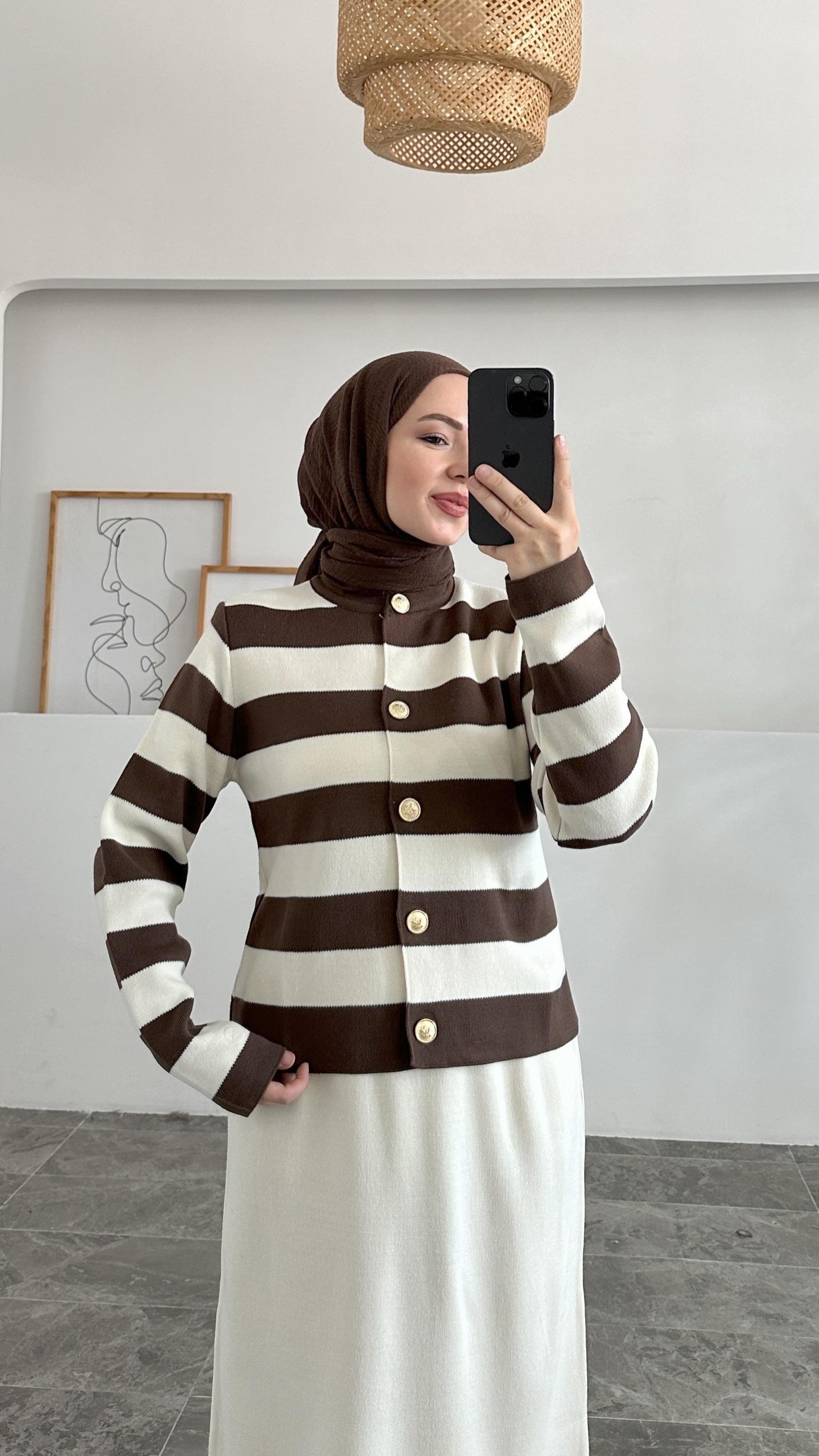 Leidy Kahverengi Zara Model Çizgili Kısa Triko Hırka