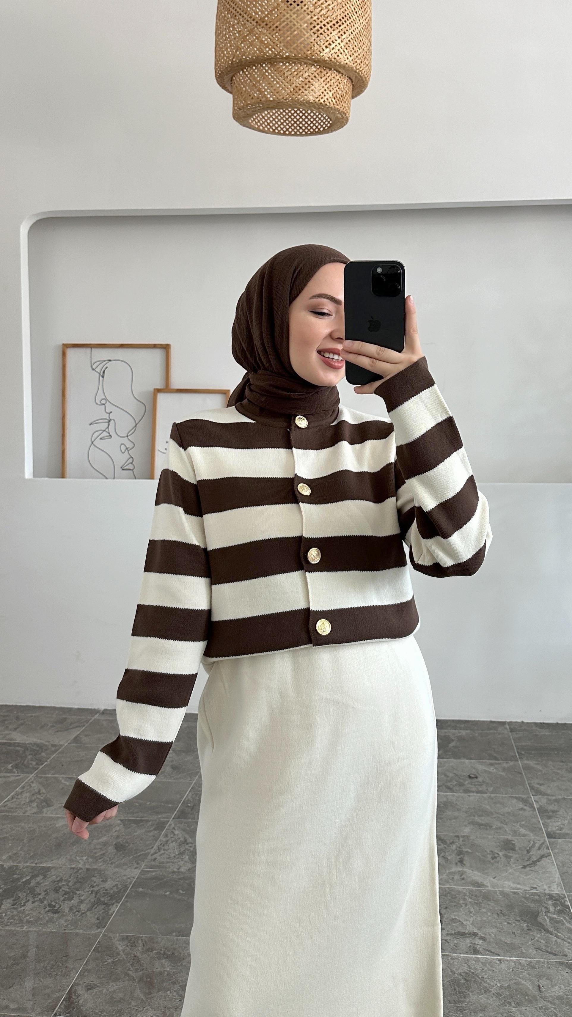 Leidy Kahverengi Zara Model Çizgili Kısa Triko Hırka