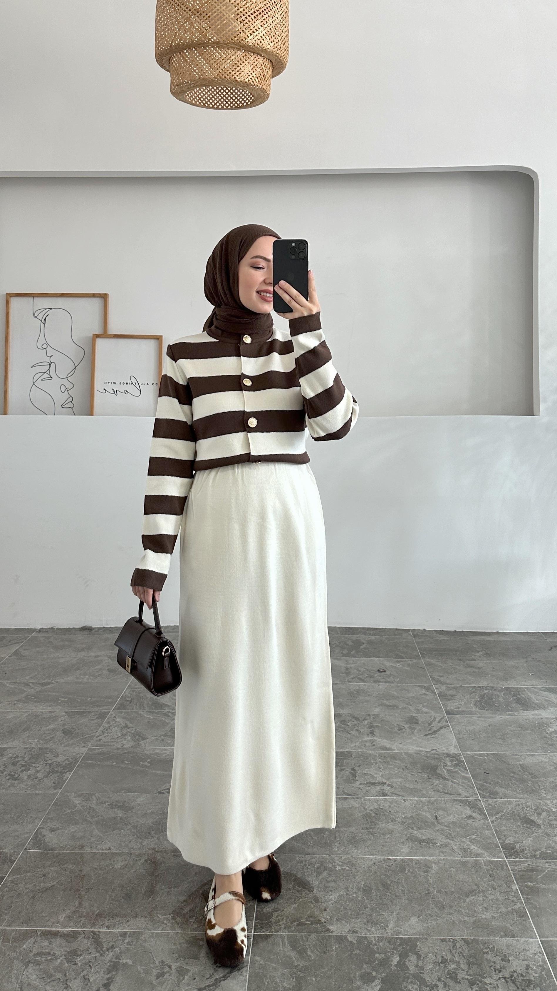 Leidy Kahverengi Zara Model Çizgili Kısa Triko Hırka