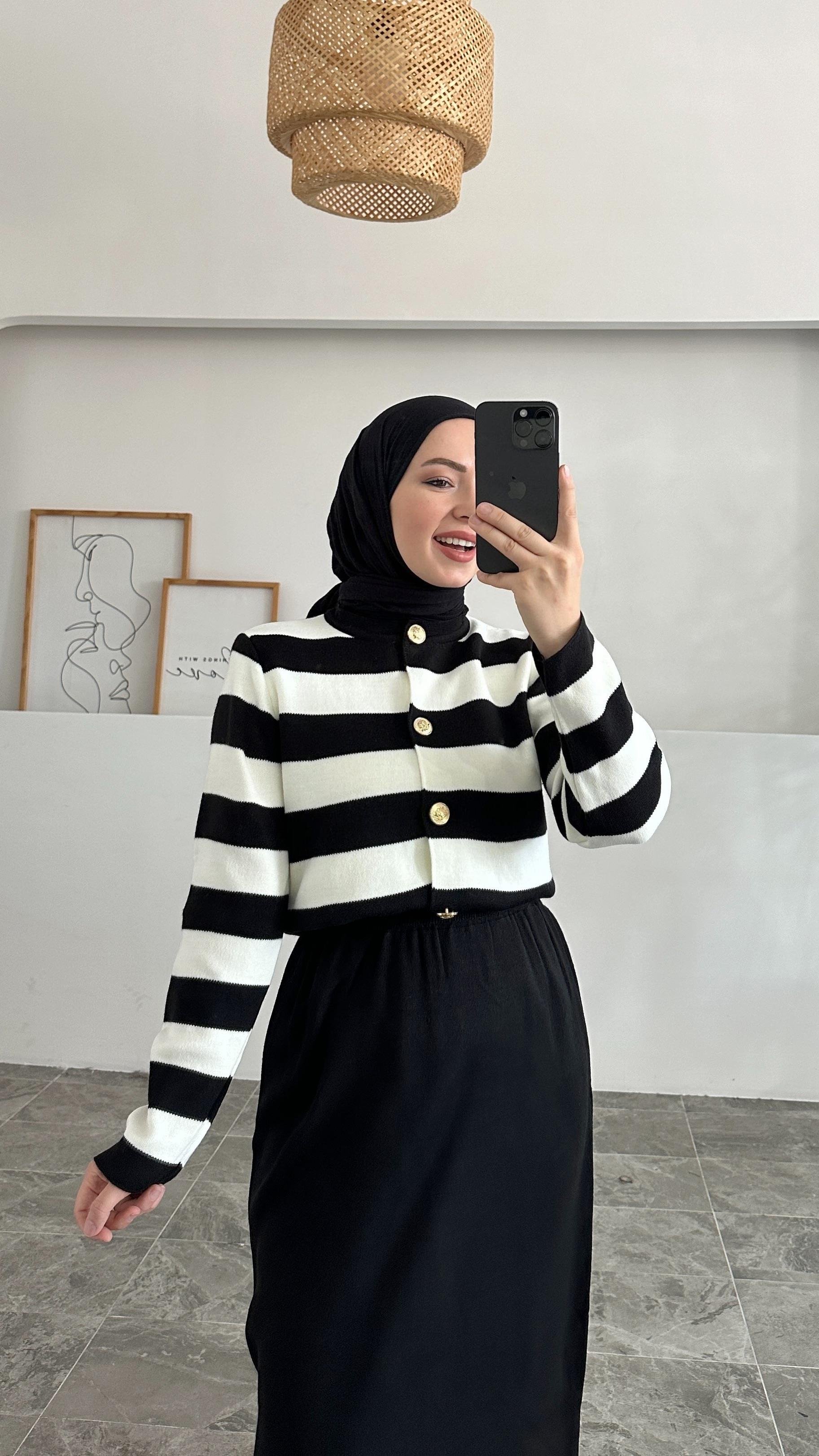 Leidy Siyah Zara Model Çizgili Kısa Triko Hırka