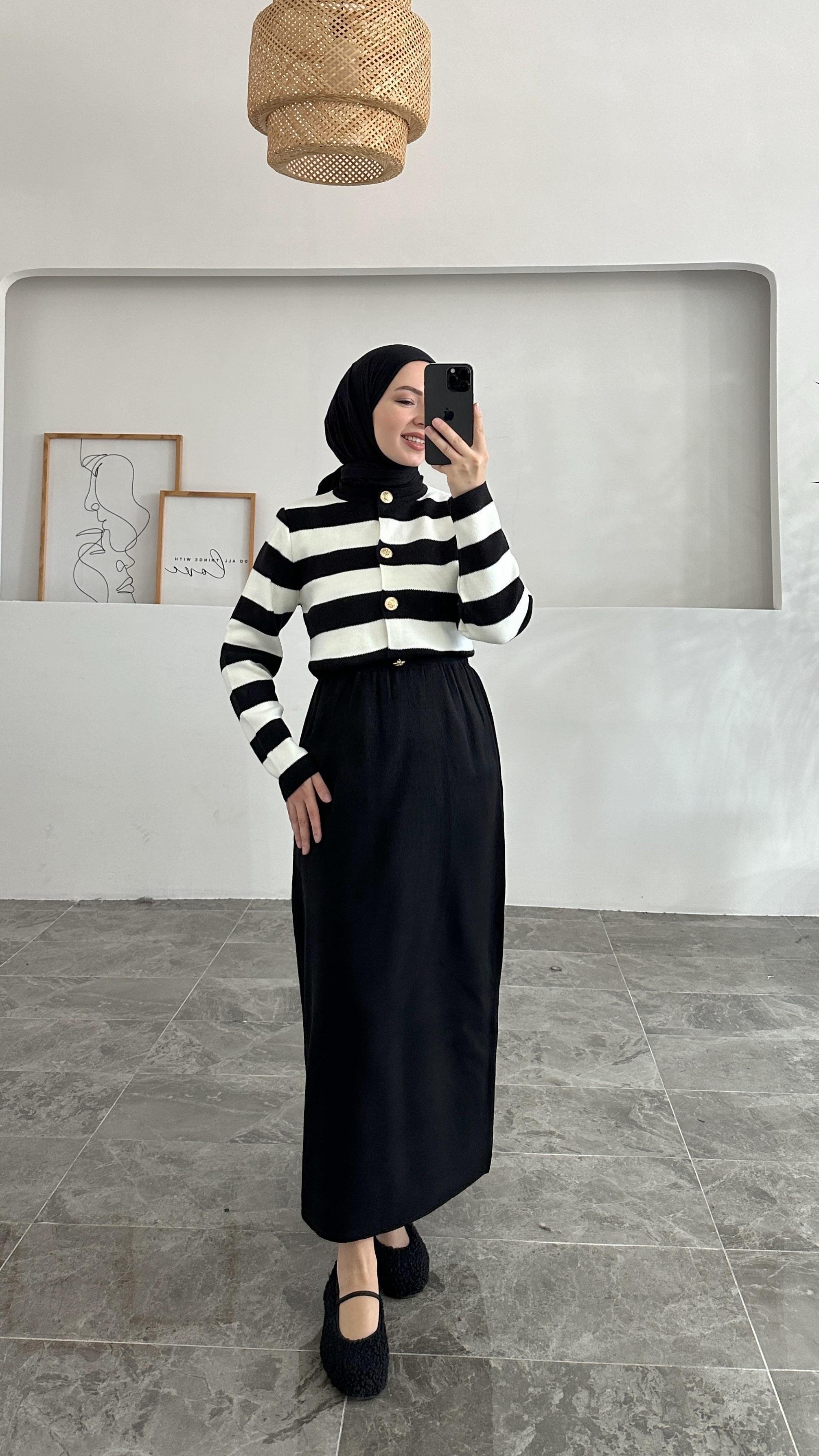 Leidy Siyah Zara Model Çizgili Kısa Triko Hırka