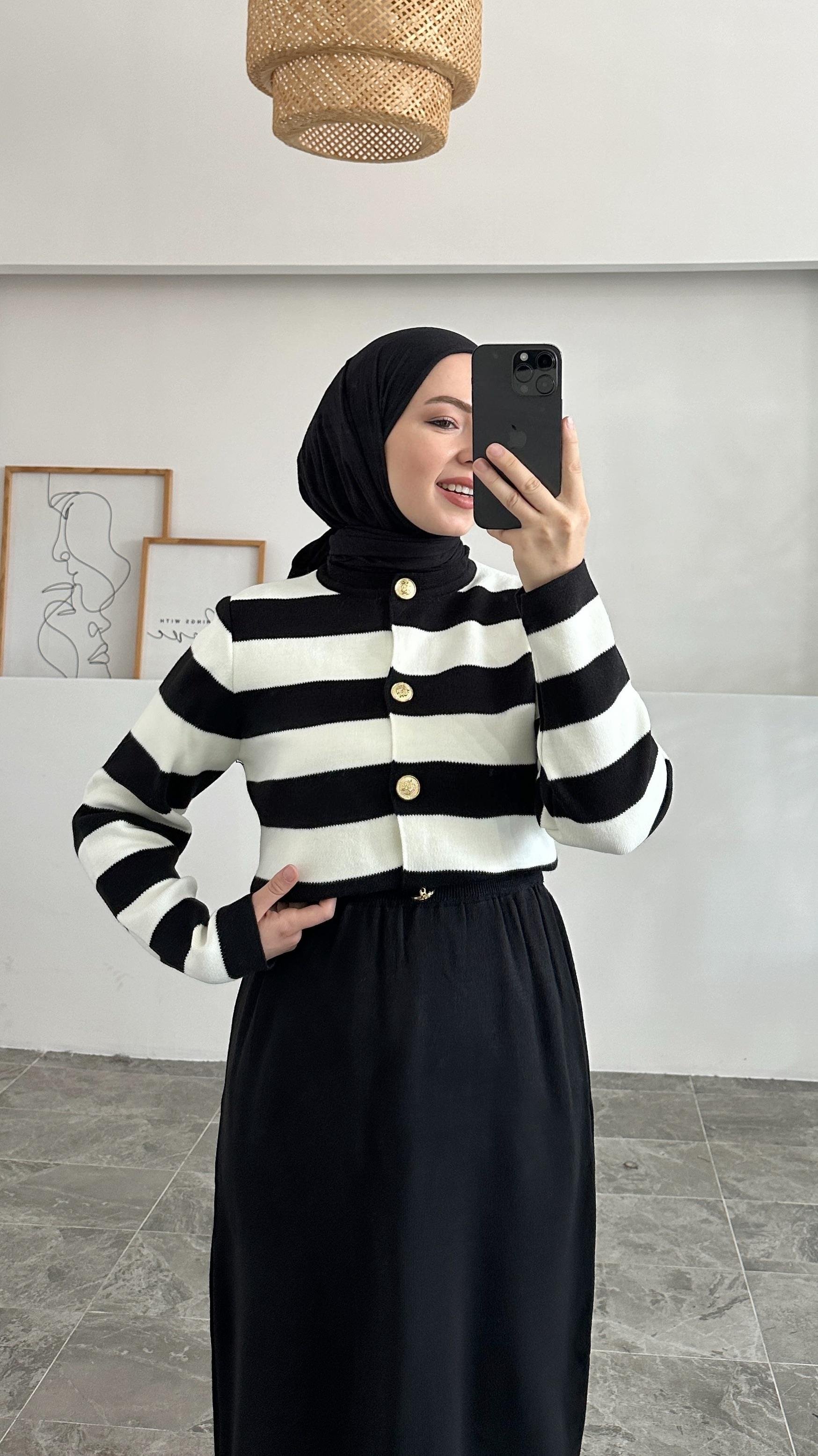 Leidy Siyah Zara Model Çizgili Kısa Triko Hırka