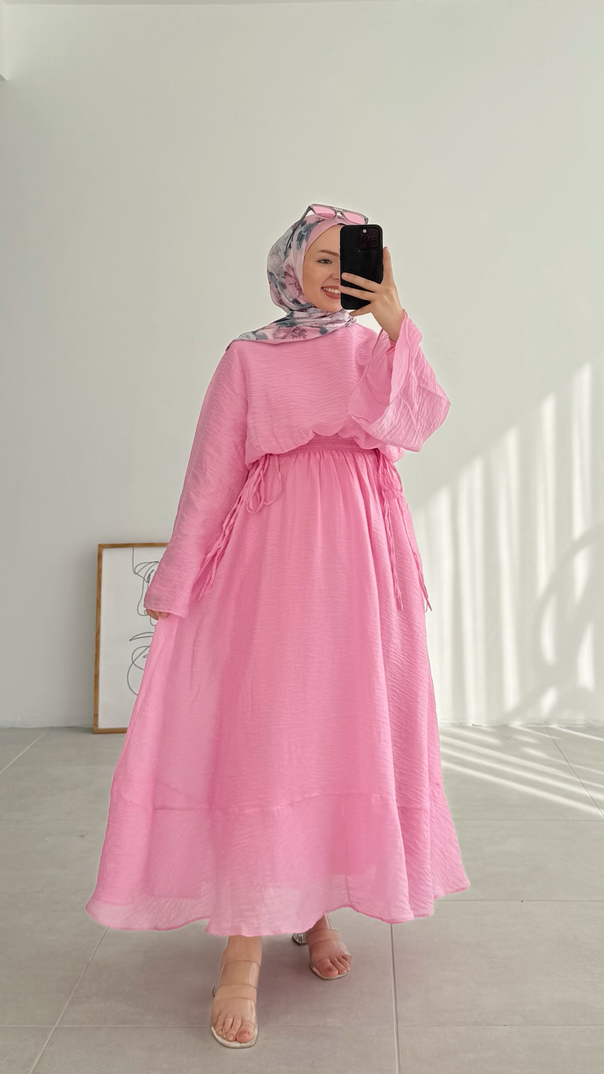 Lenora Beli Lastikli Pembe Elbise