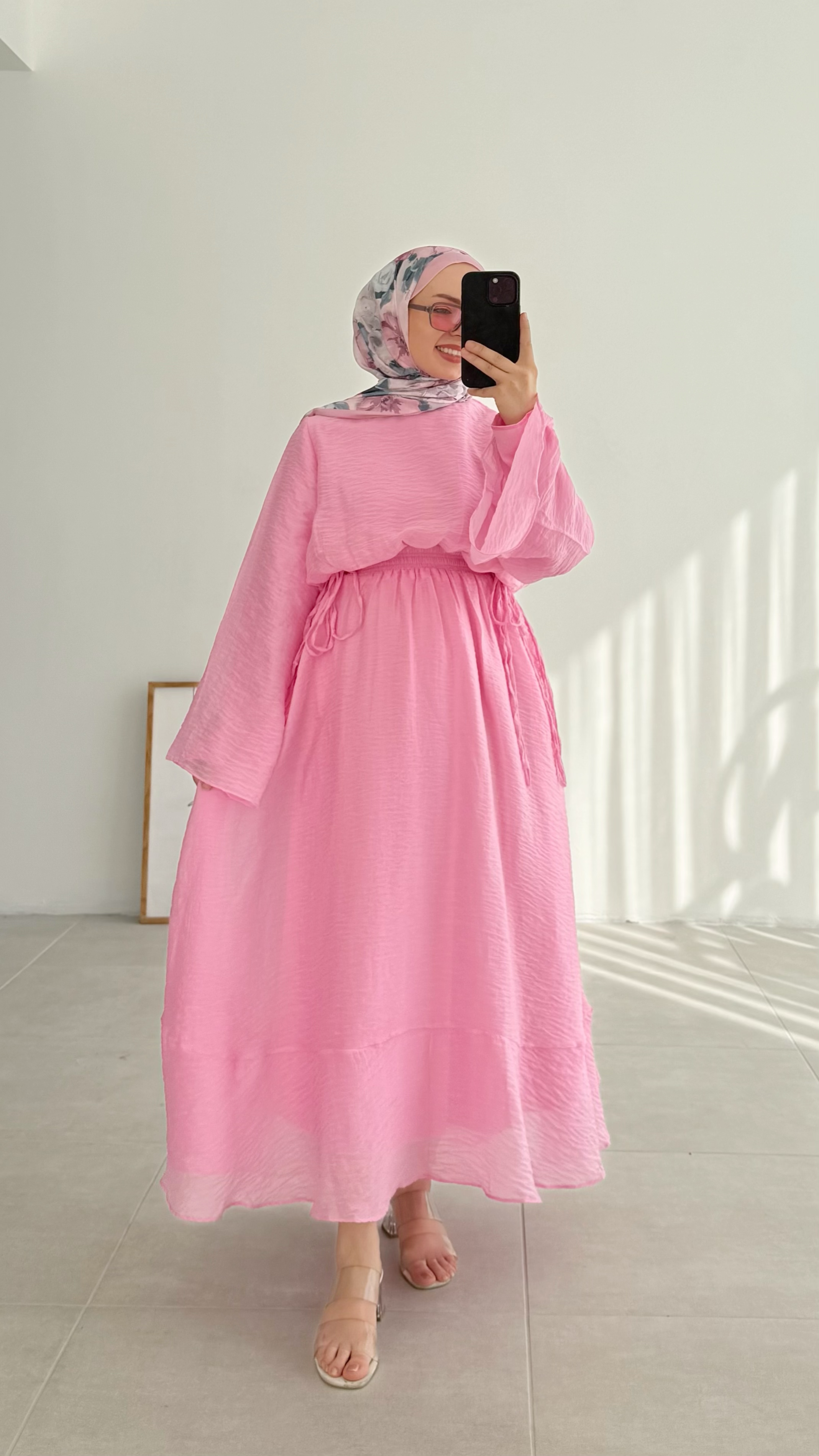 Lenora Beli Lastikli Pembe Elbise