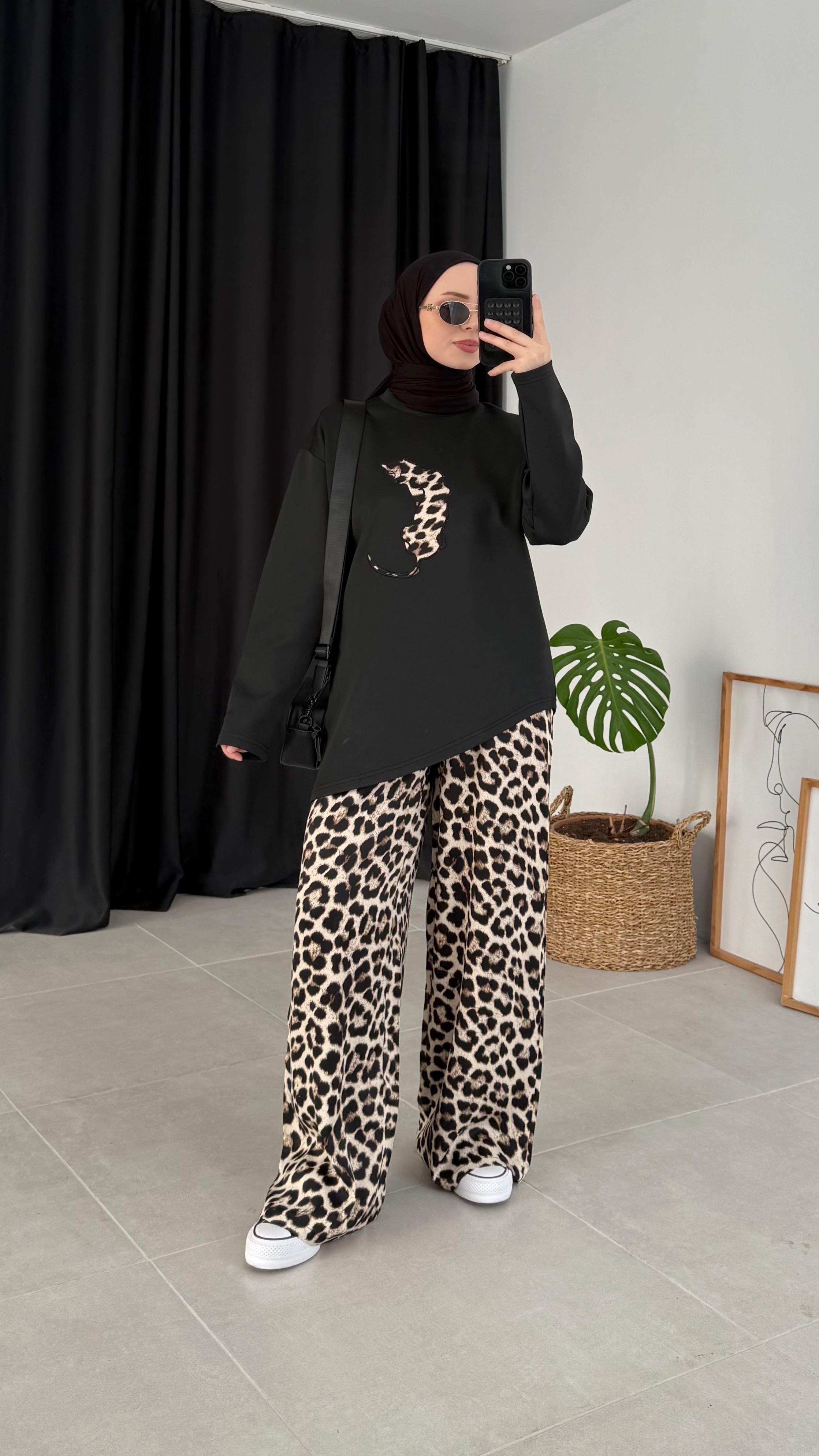 Leon Siyah Leoparlı Pantolon Takım