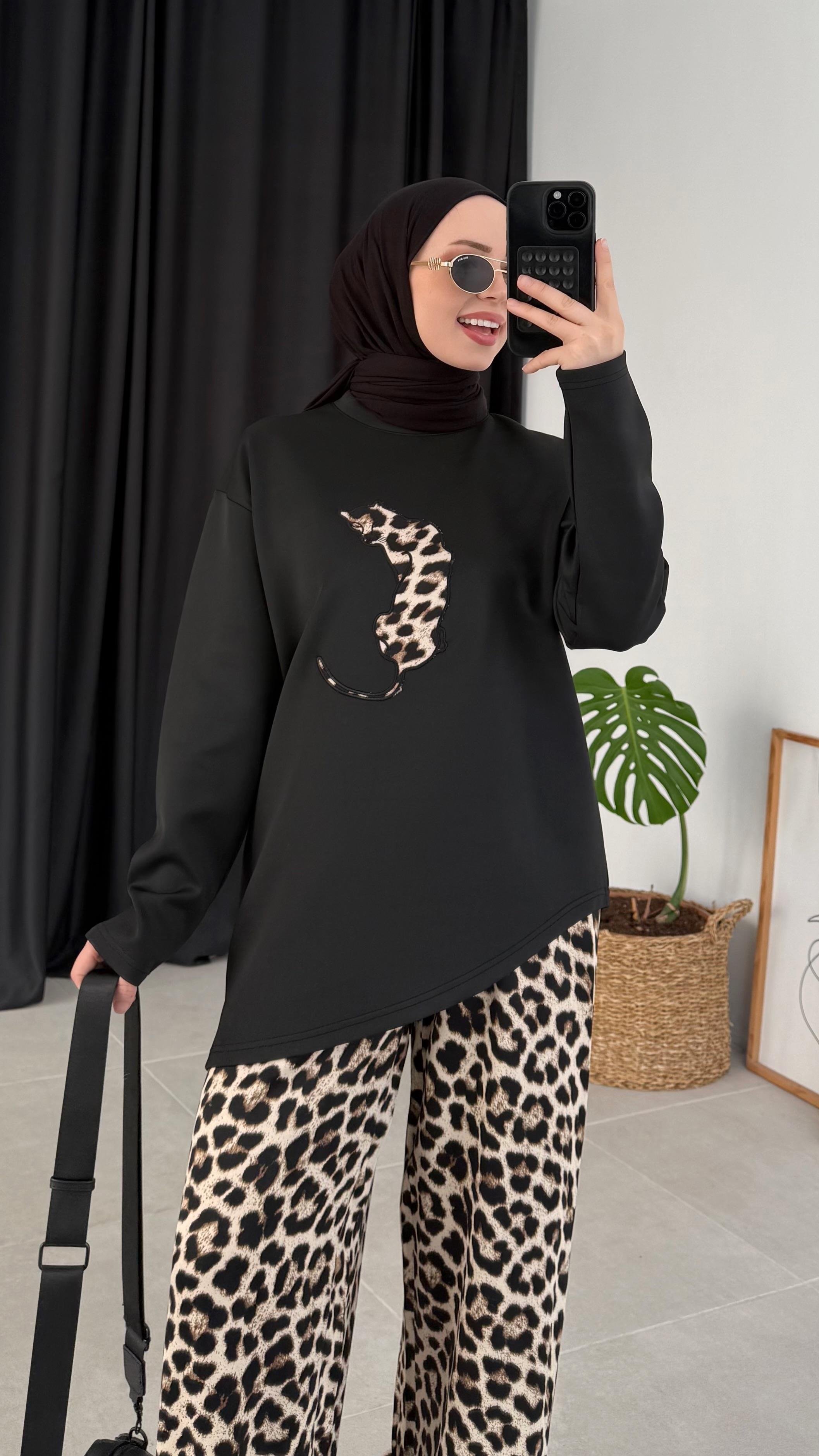 Leon Siyah Leoparlı Pantolon Takım