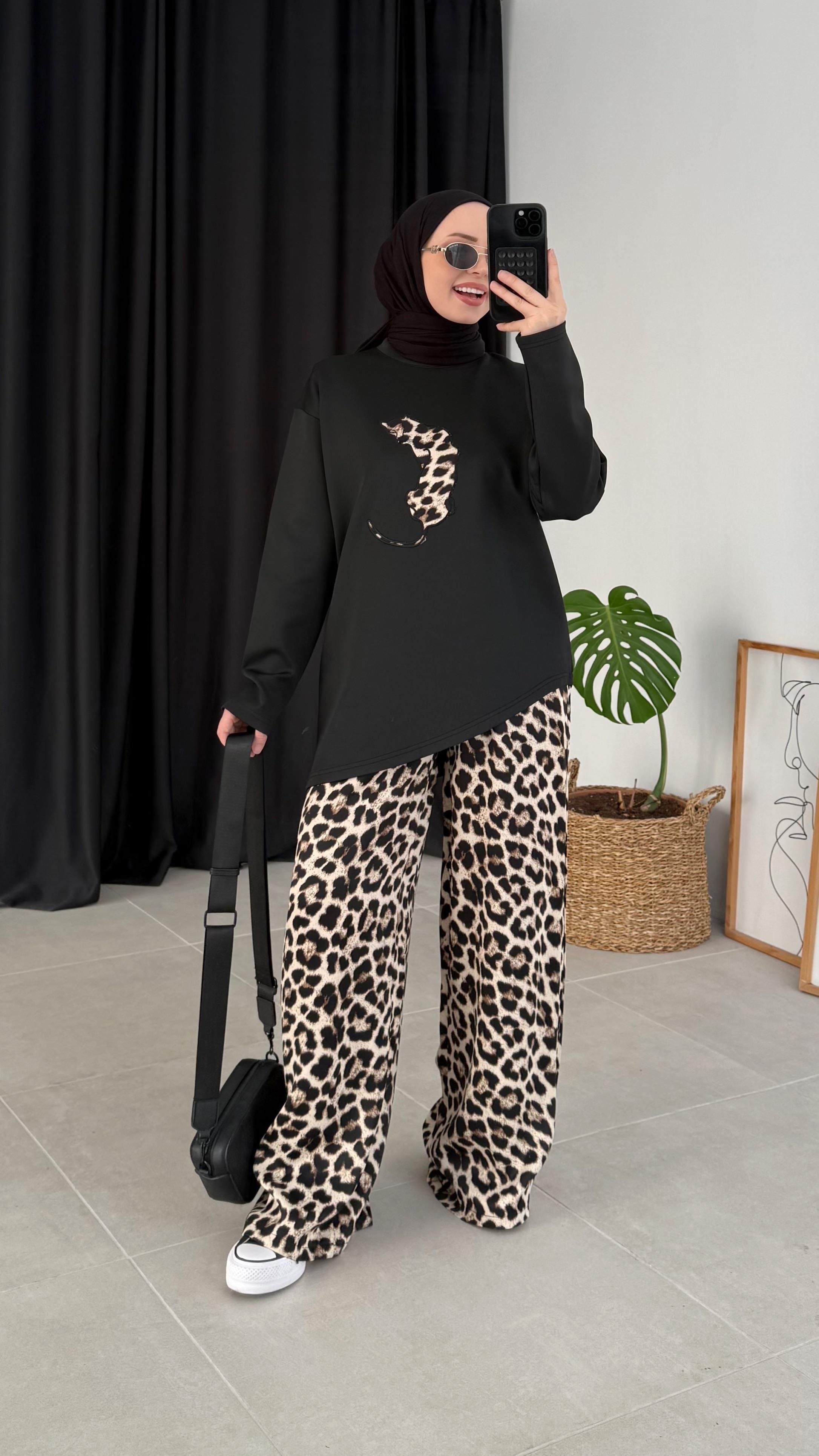 Leon Siyah Leoparlı Pantolon Takım