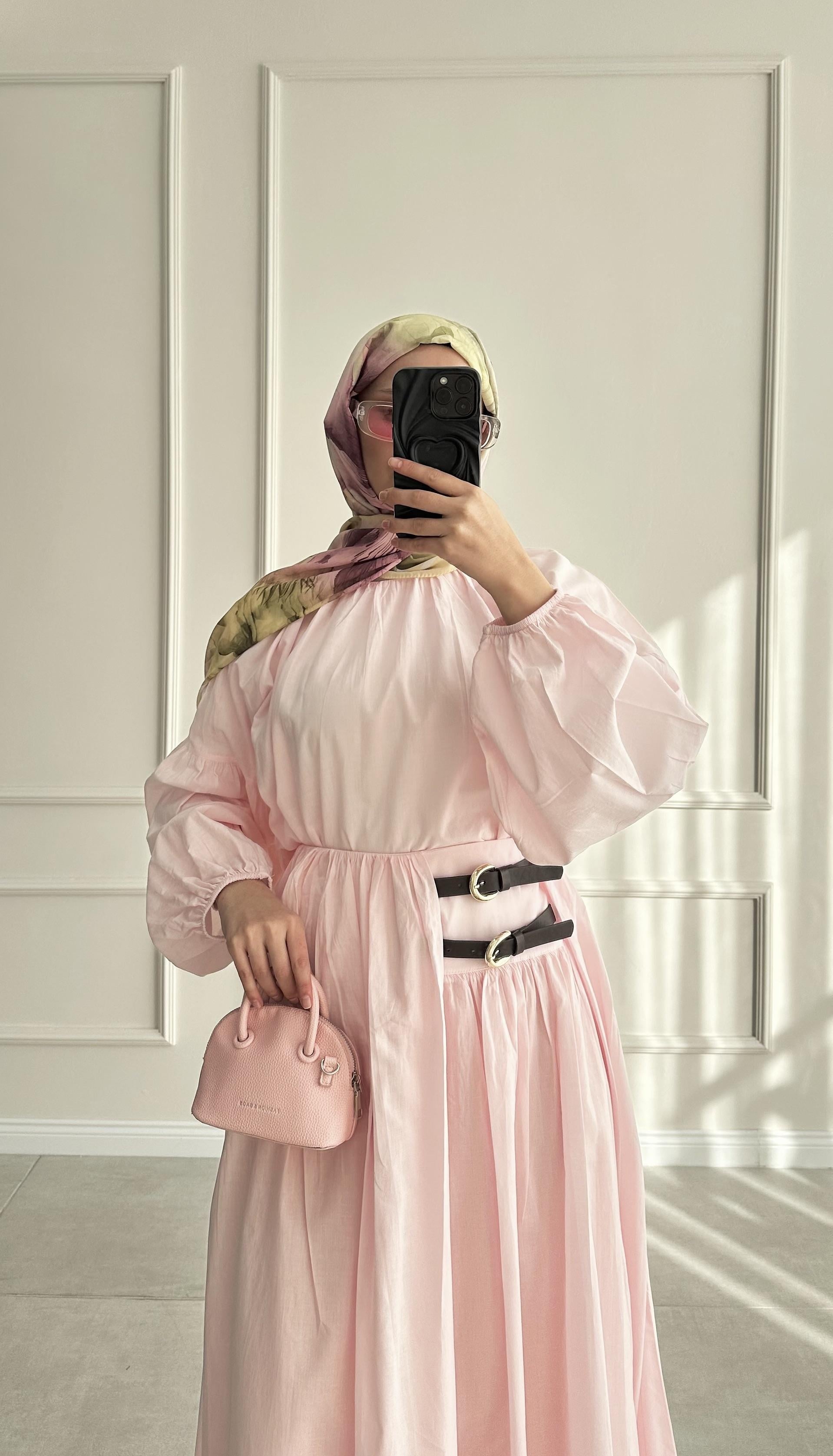 Line Çift Kemerli Vual Pembe Etek Takım