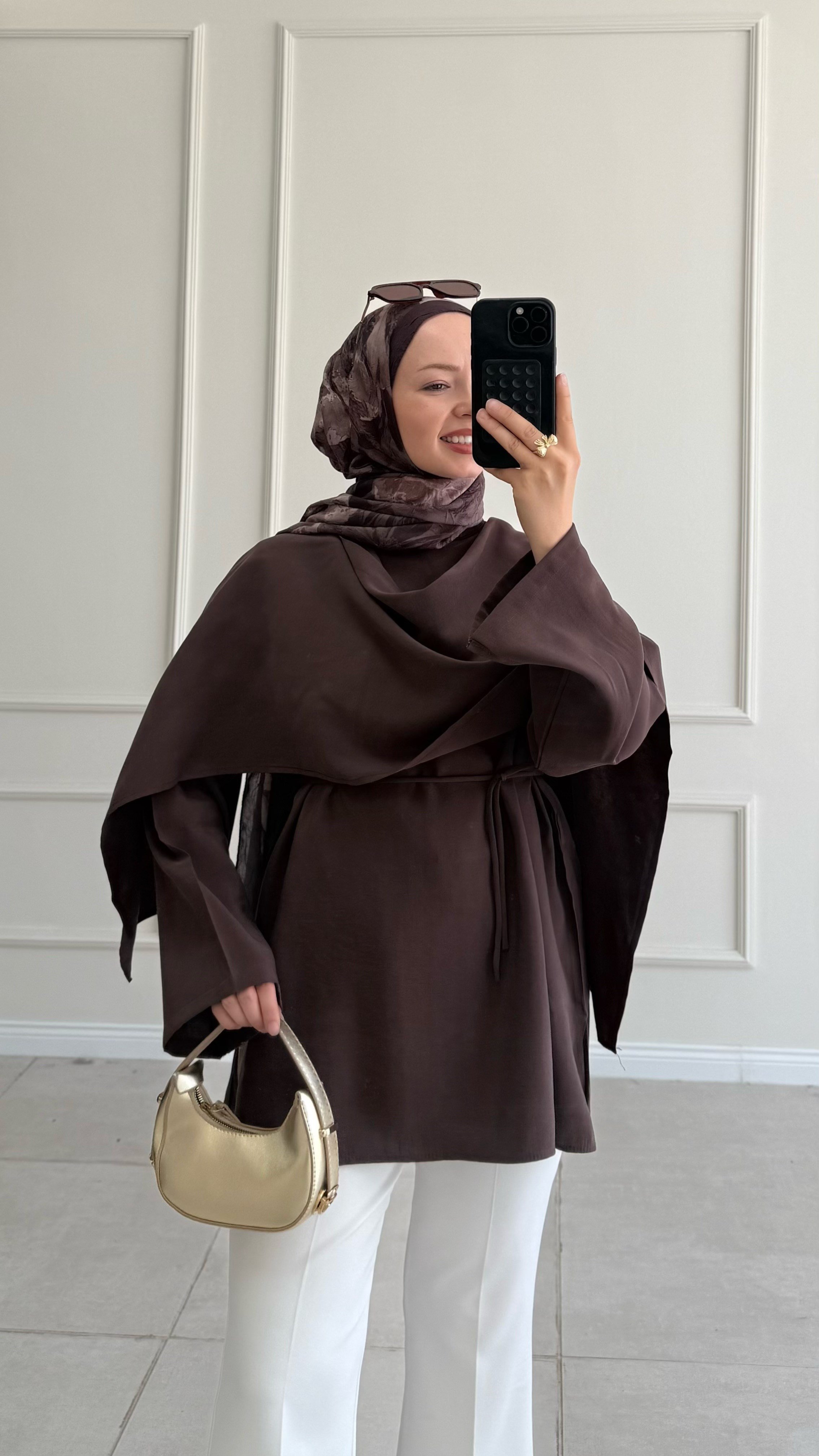 Lisa Pelerin Detaylı Tasarım Kahverengi Tunik