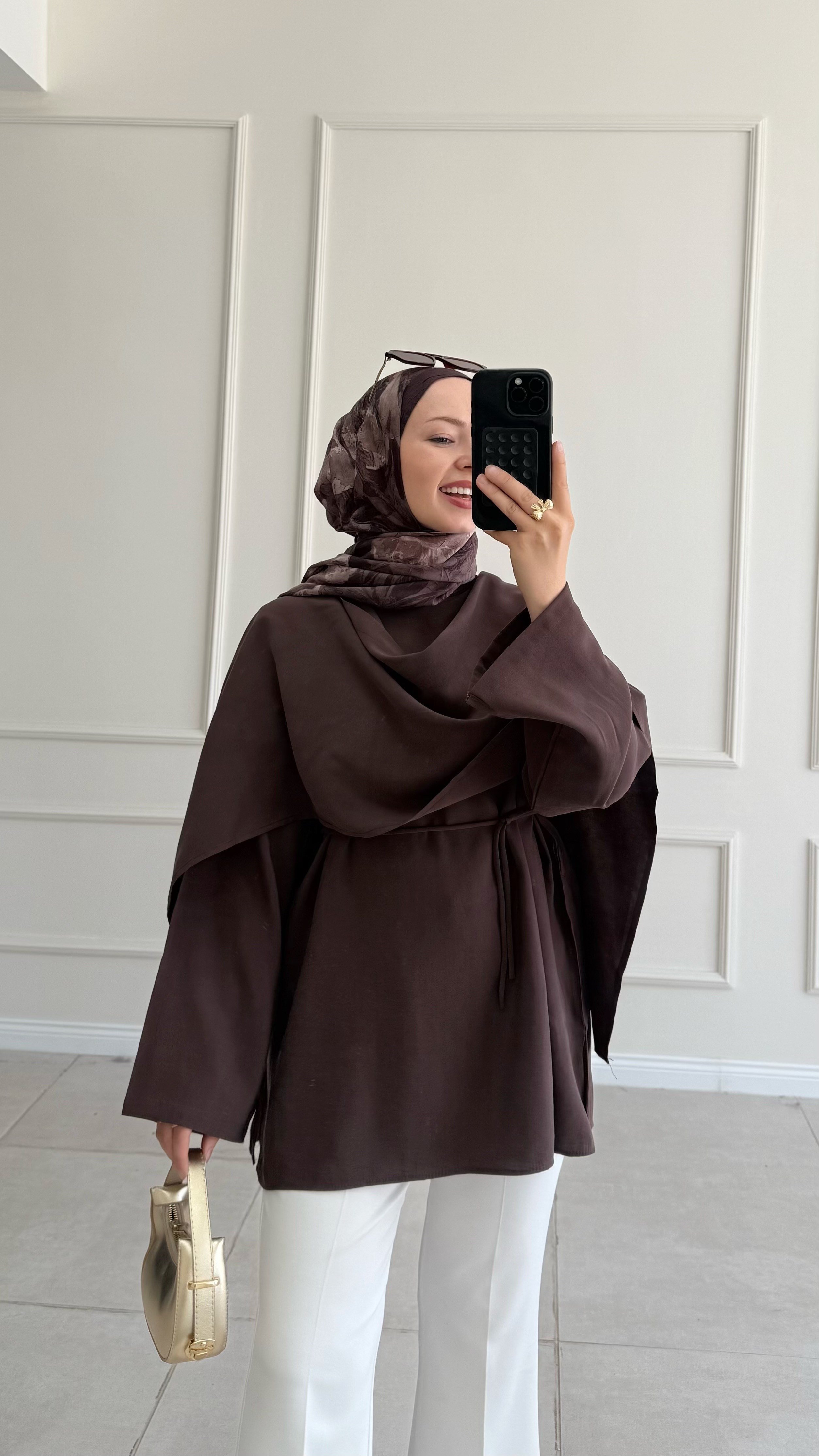 Lisa Pelerin Detaylı Tasarım Kahverengi Tunik