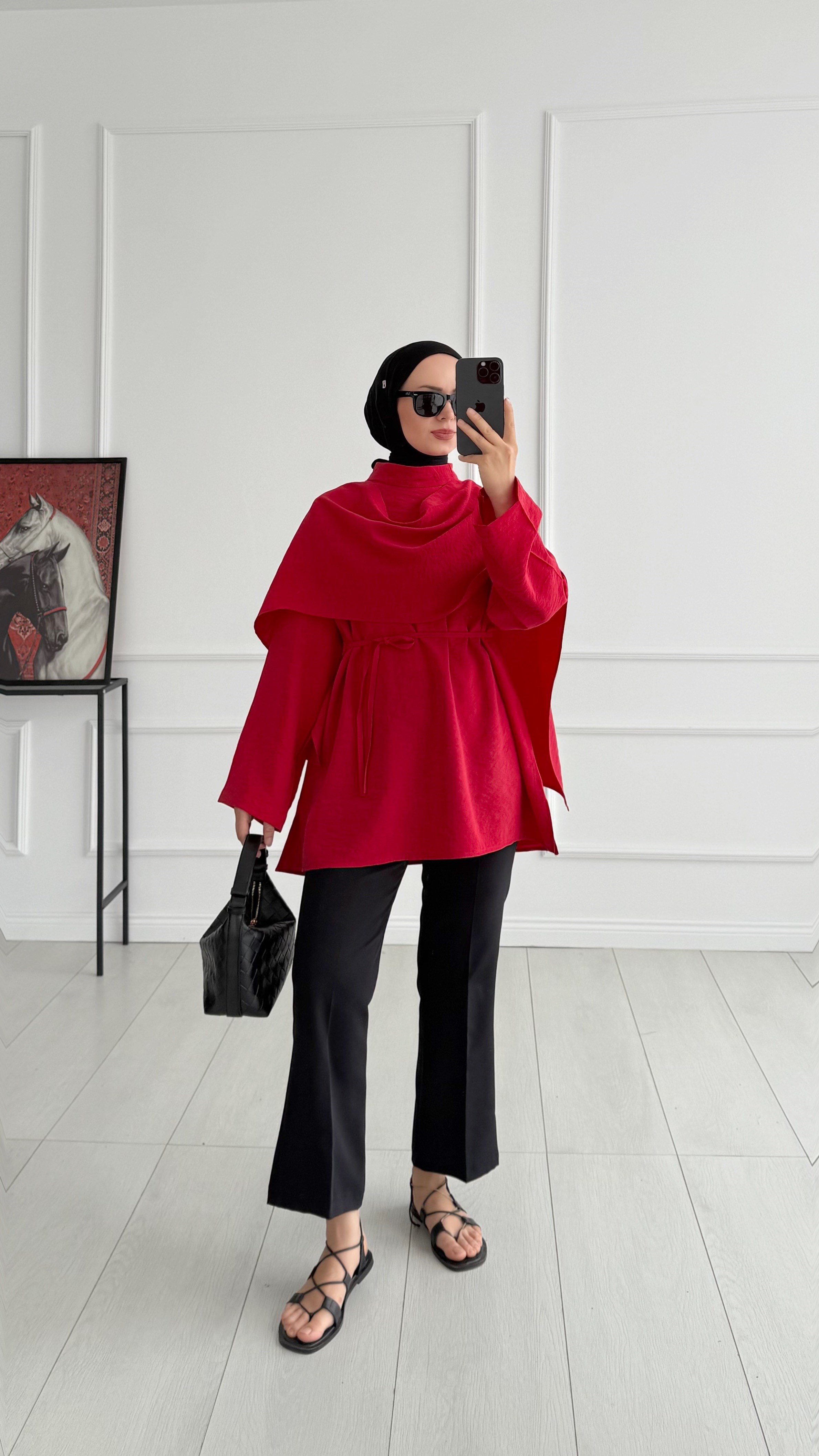 Lisa Pelerin Detaylı Tasarım Kırmızı Tunik 
