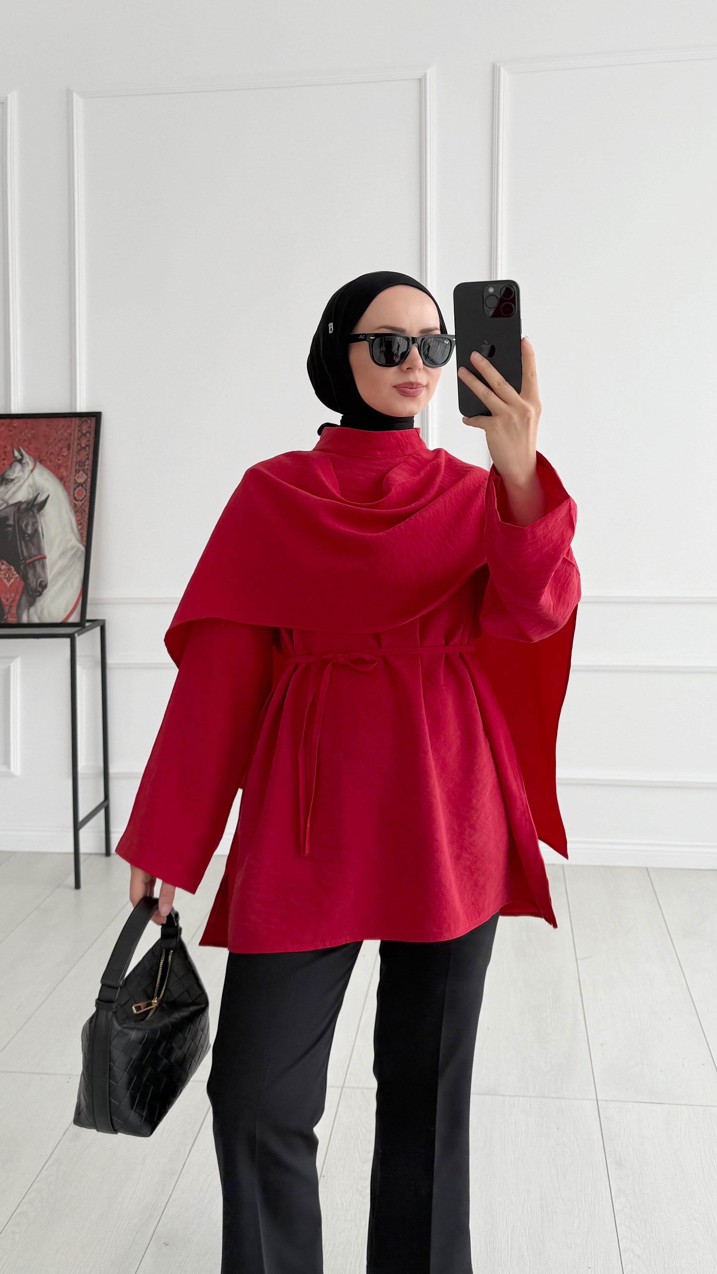 Lisa Pelerin Detaylı Tasarım Kırmızı Tunik 