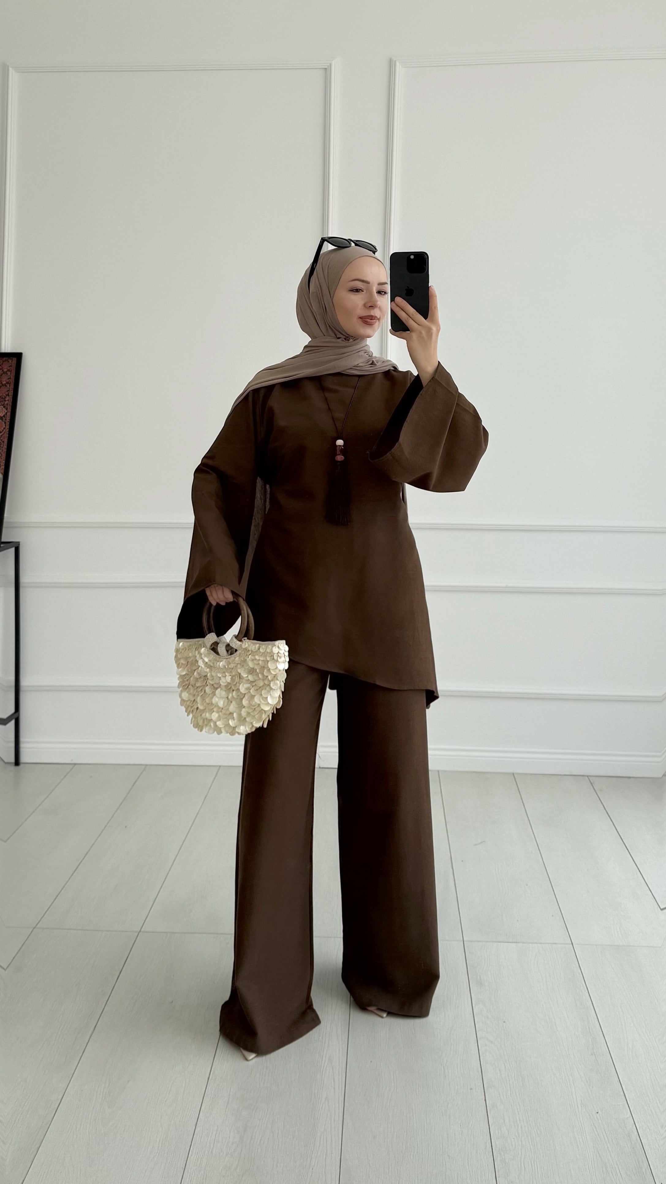 Loni Tasarım Model Keten Kahverengi Takım
