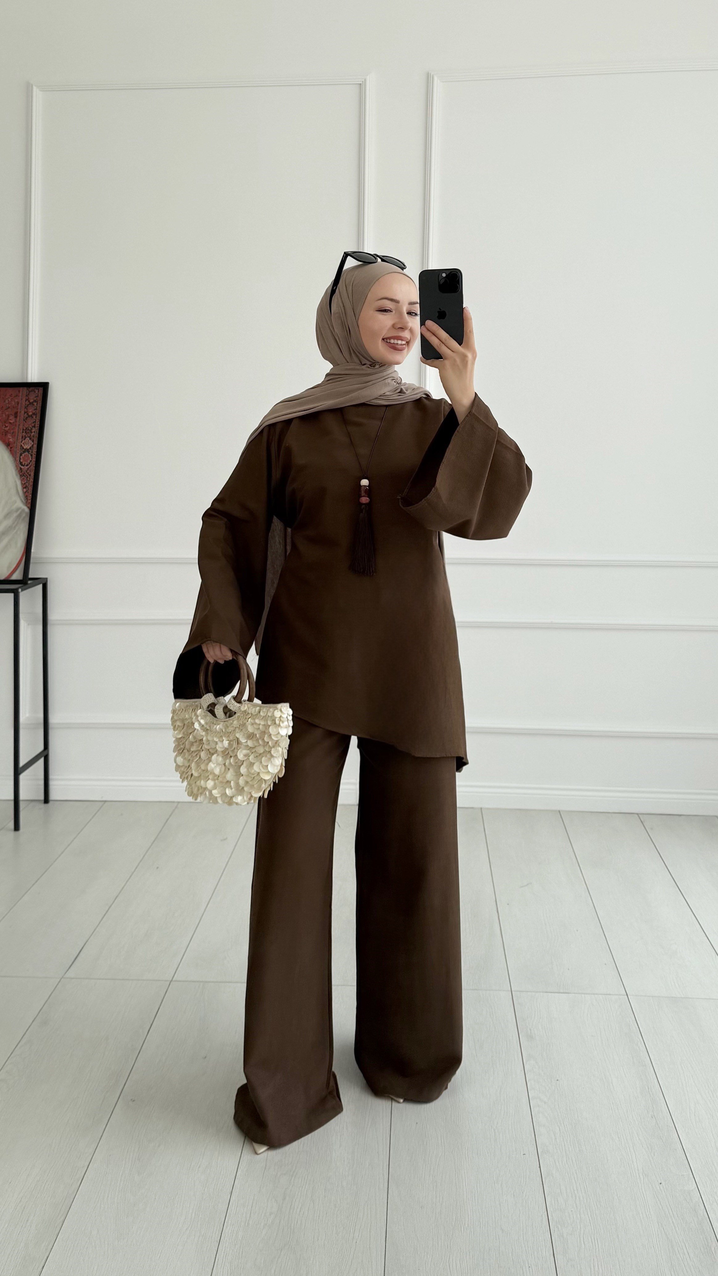 Loni Tasarım Model Keten Kahverengi Takım