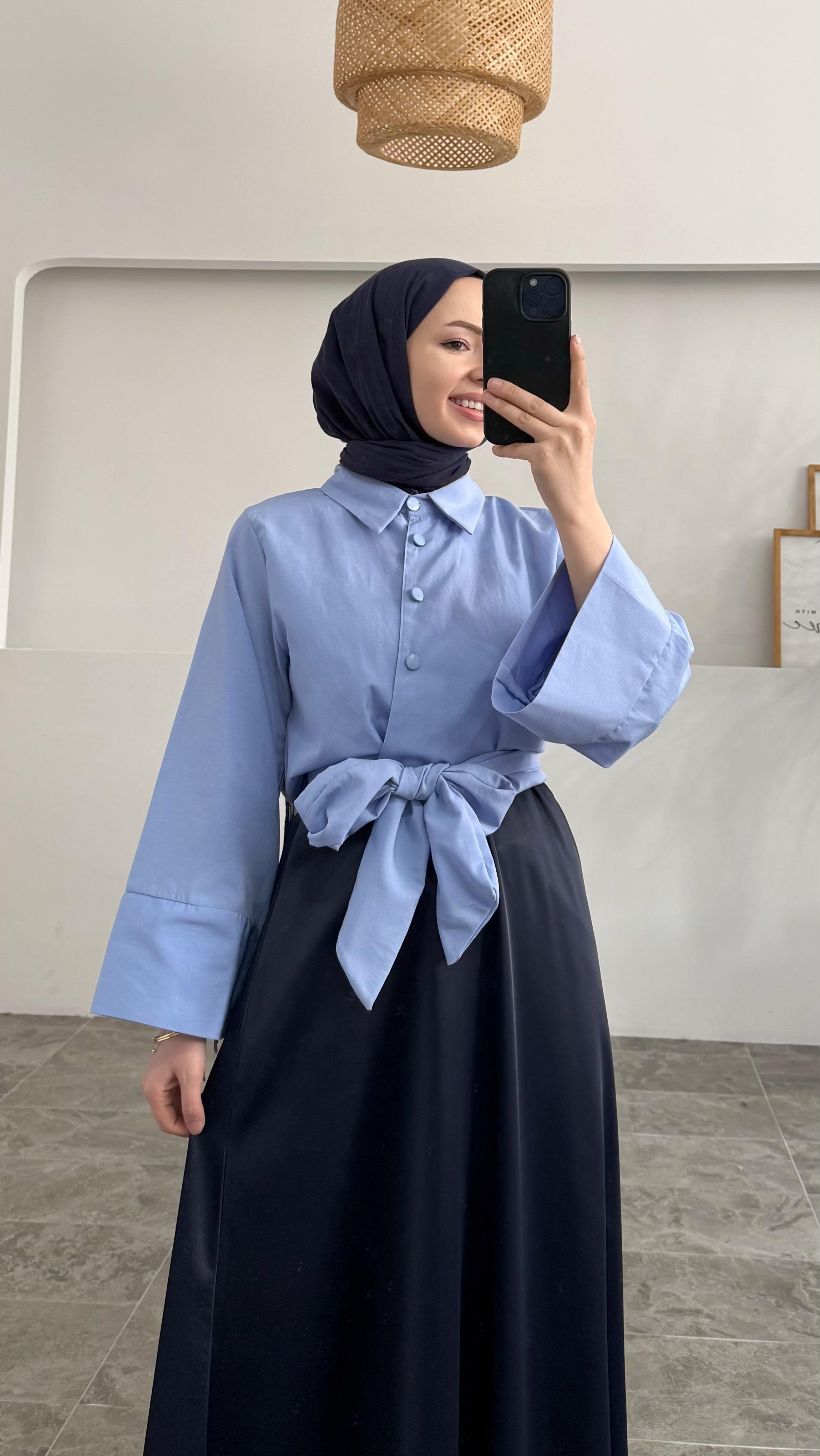 Melinda Bağlamalı Pinterest Model Mavi Gömlek