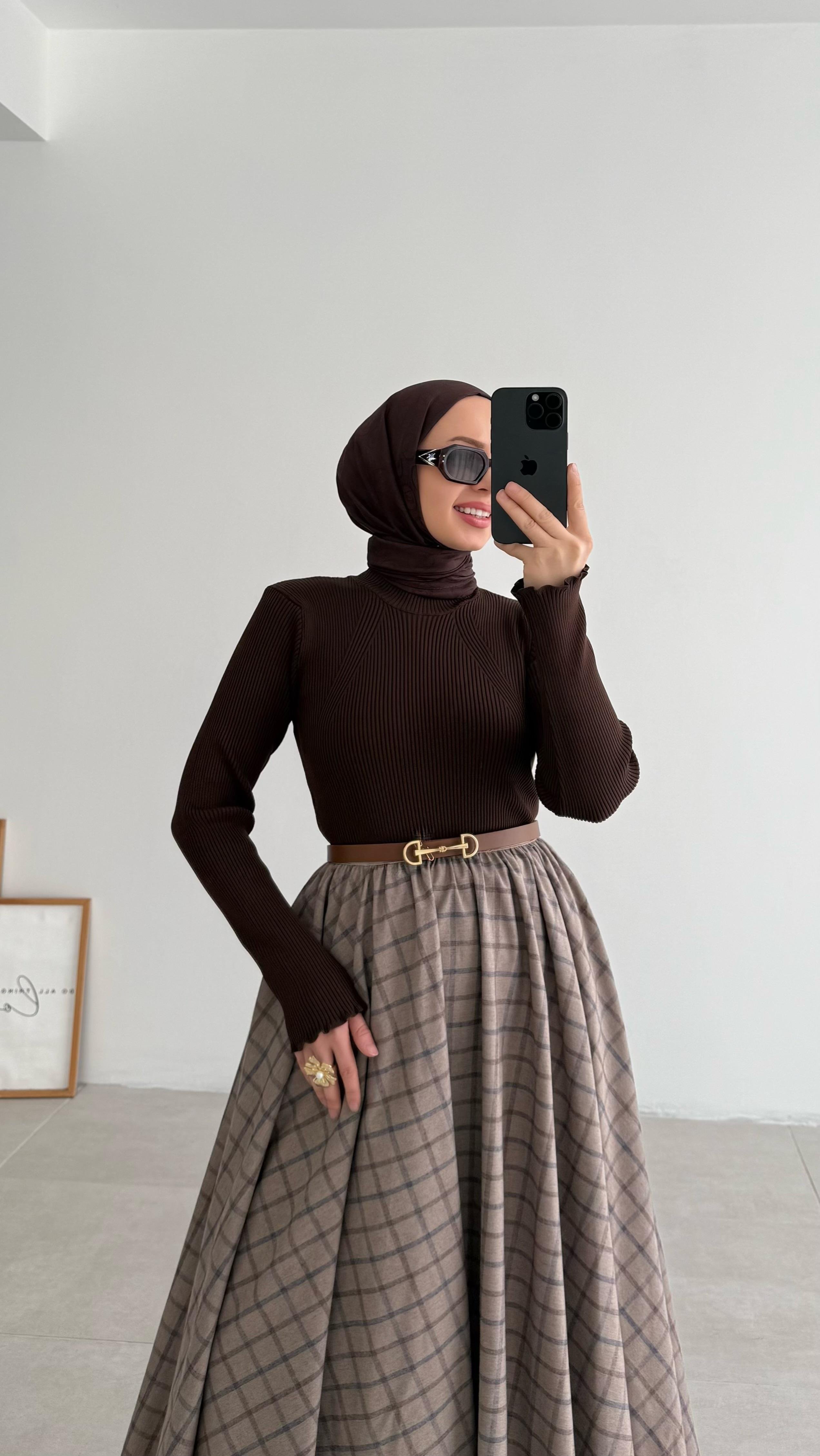 Merserize Tüylenmez Premıum Fitilli Kahverengi Bluz (3144)