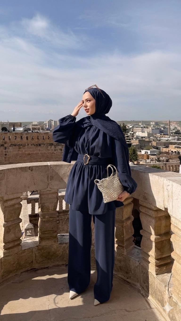 Mona Gold Tokalı Kemerli Lacivert Modal Takım  