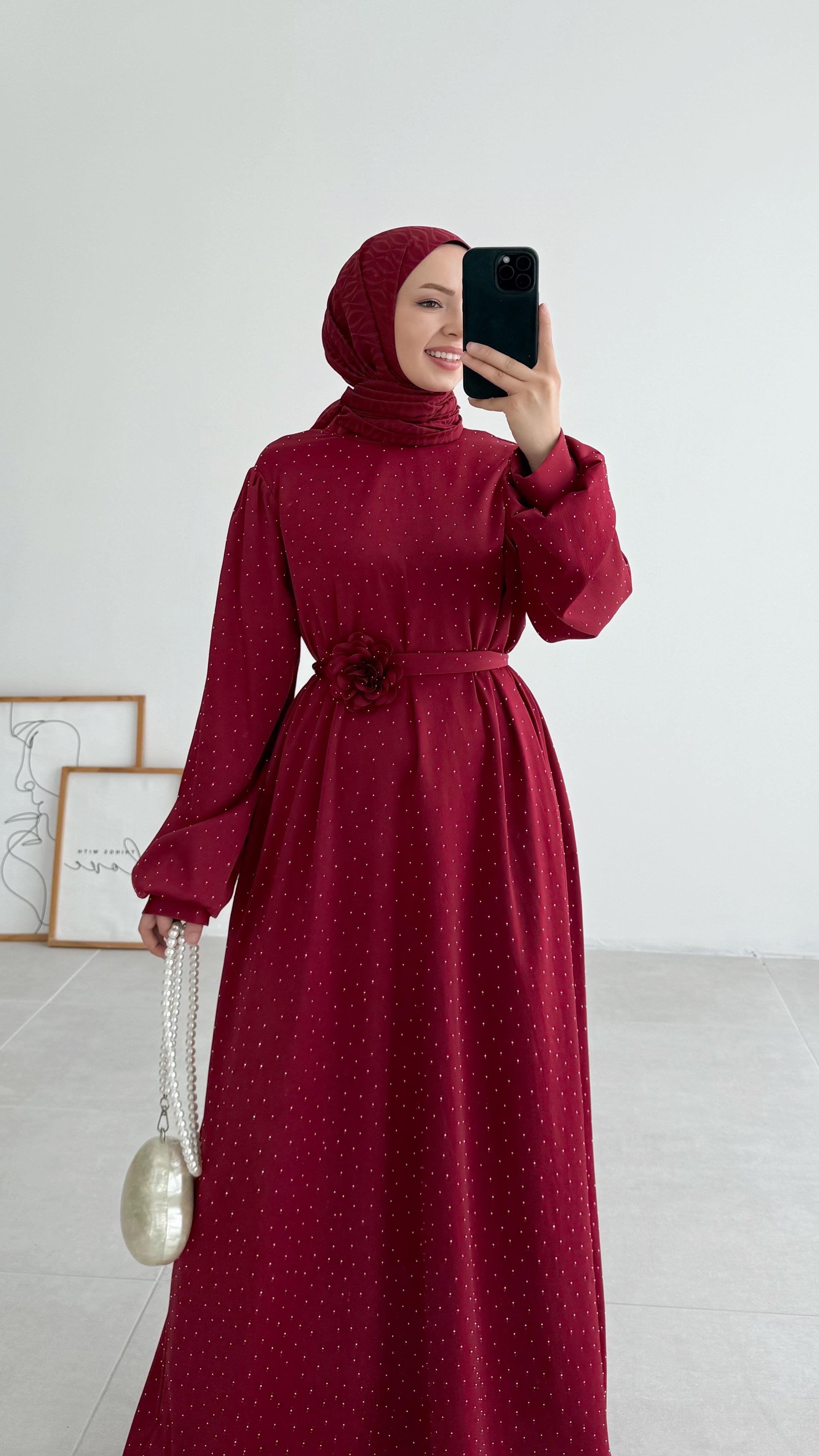 Nell Pullu Bordo Abiye Elbise