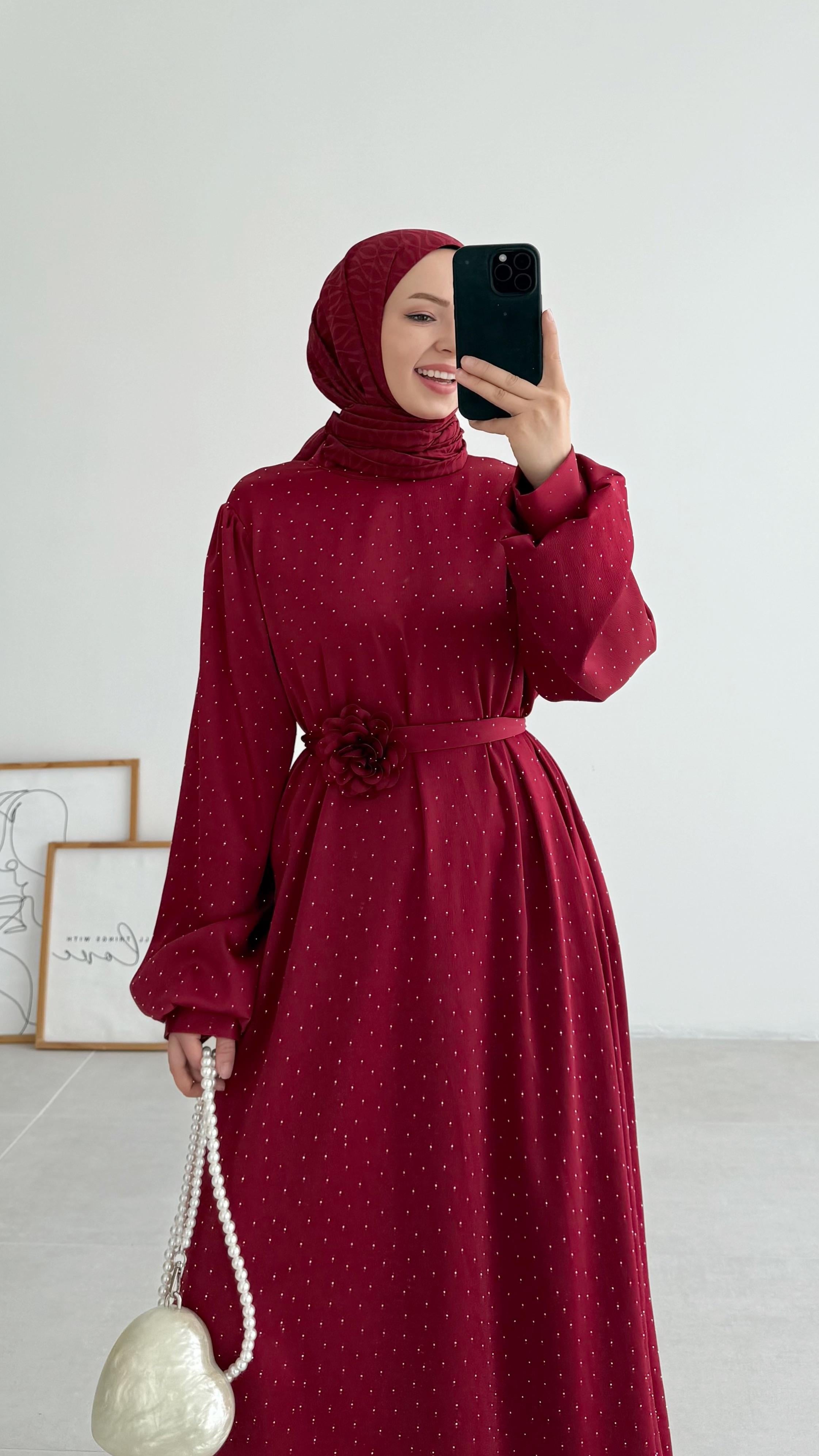 Nell Pullu Bordo Abiye Elbise