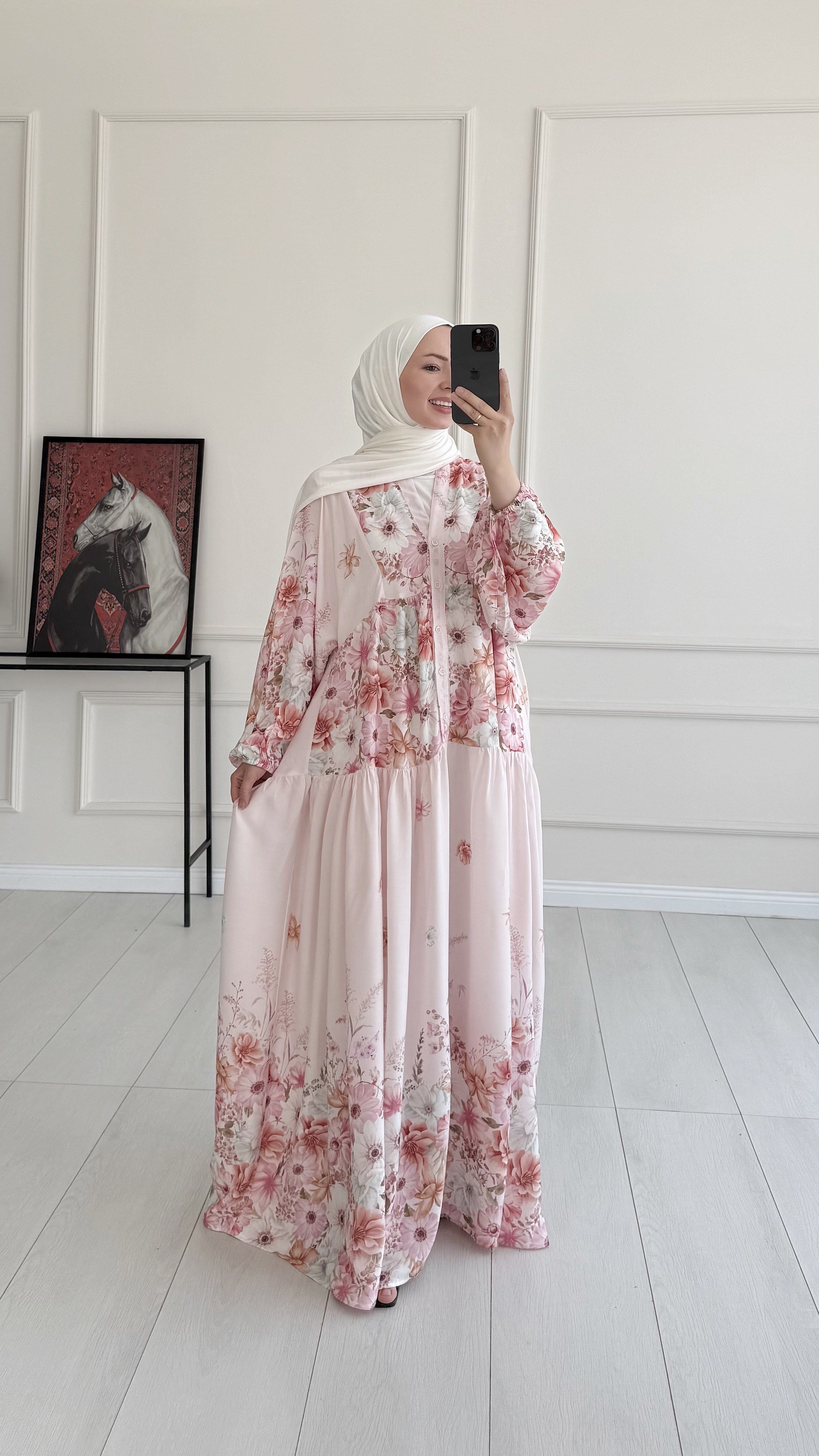 Nessa Viskon Desenli Pembe Elbise
