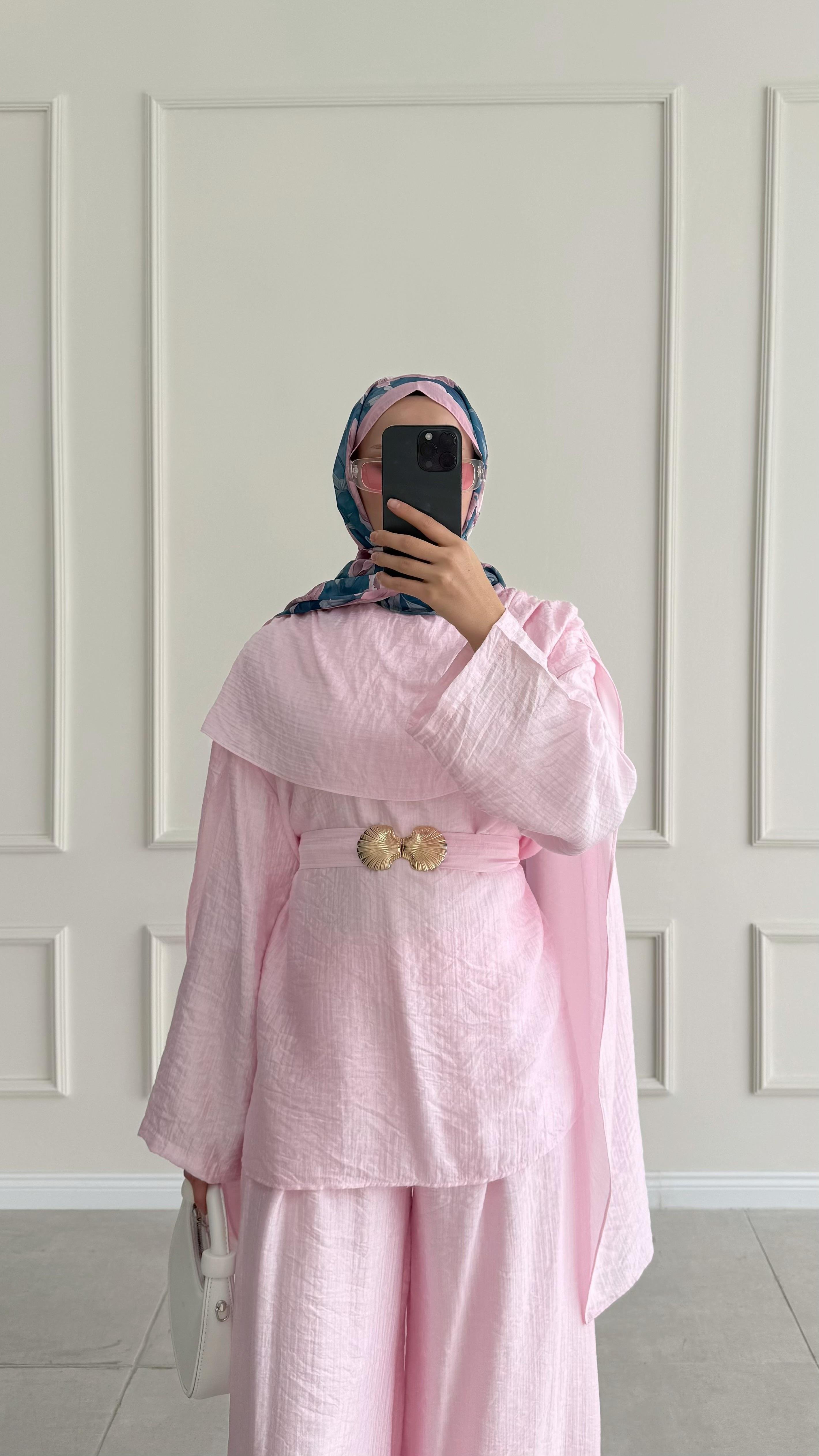 Nures Şal Tasarım Pembe Müslin Takım