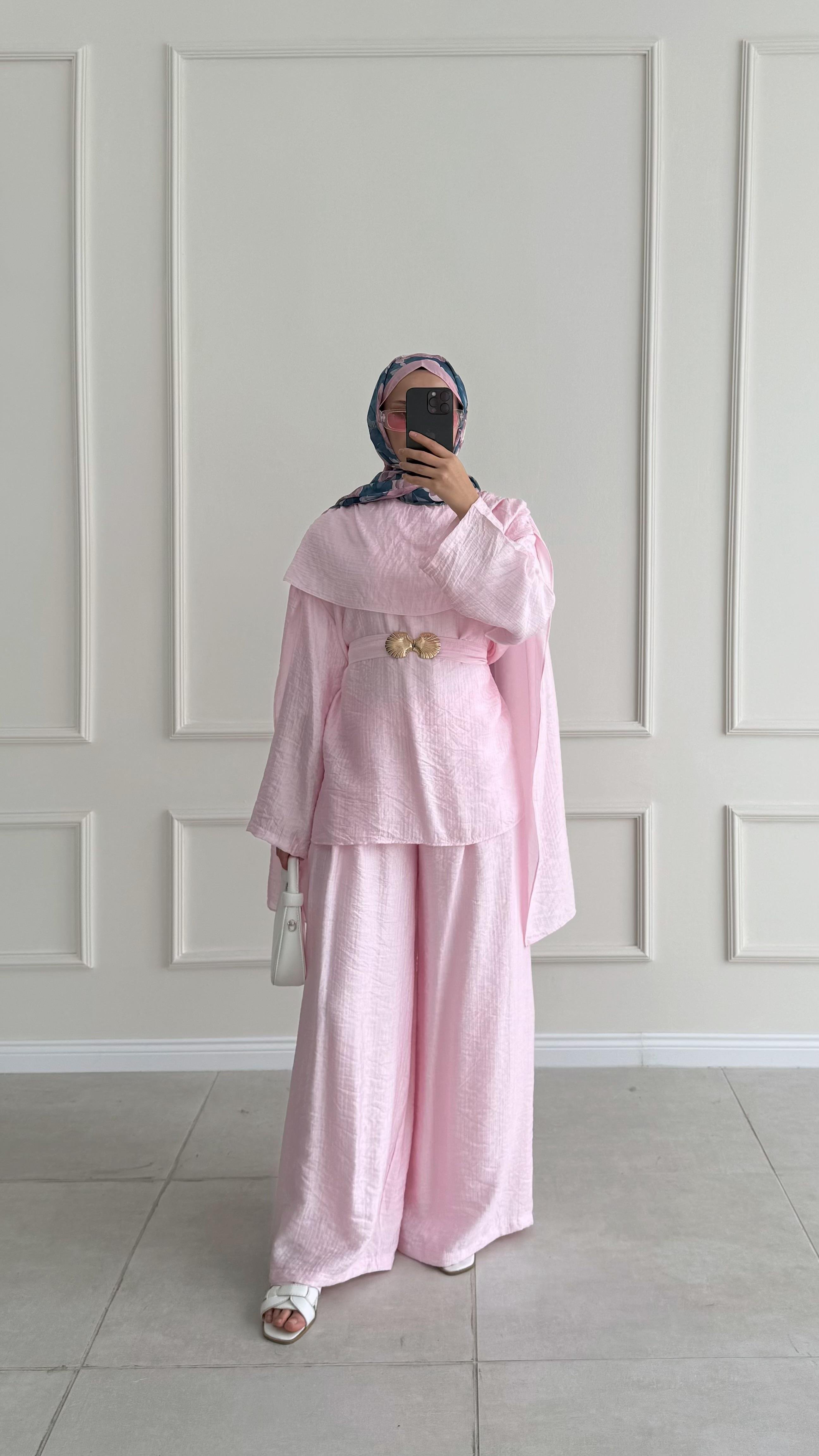 Nures Şal Tasarım Pembe Müslin Takım