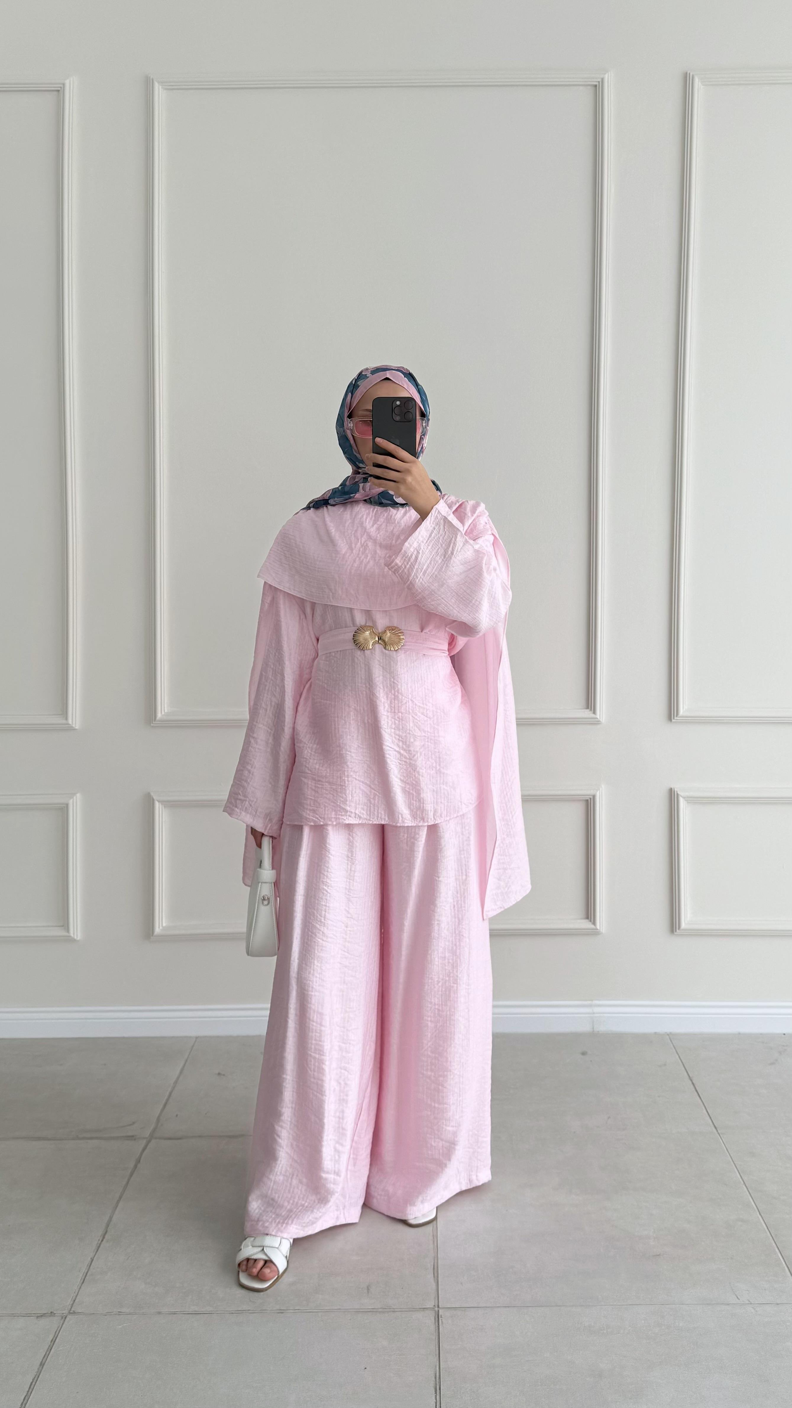 Nures Şal Tasarım Pembe Müslin Takım