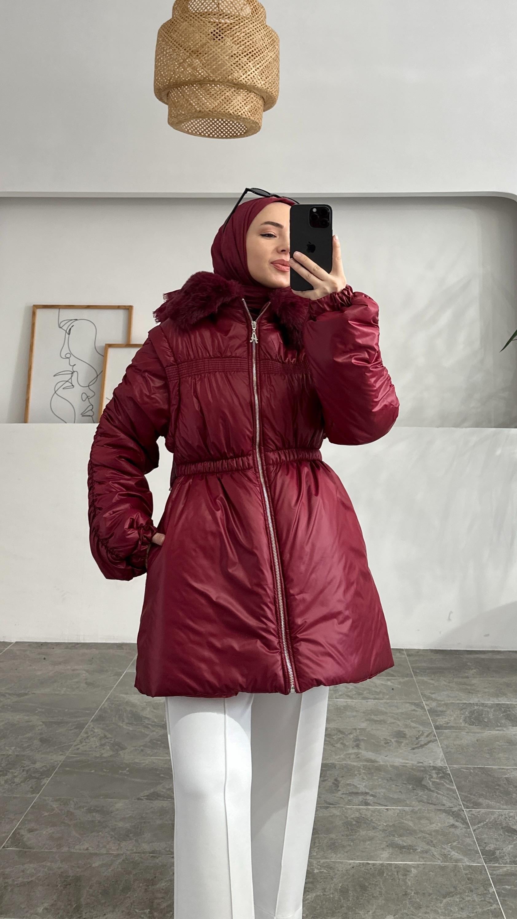 Nurlana Parlak Şişme Bordo Mont