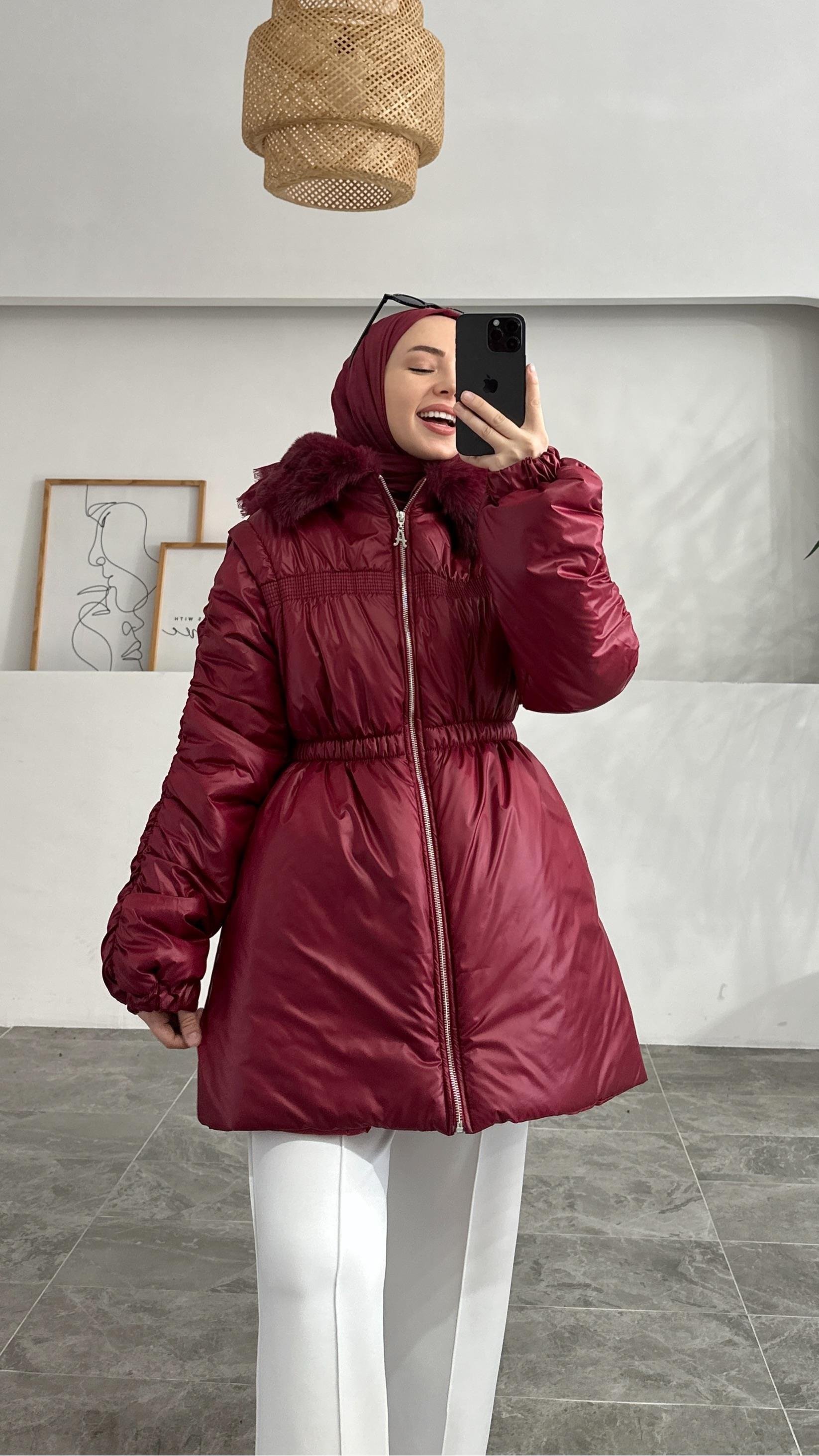 Nurlana Parlak Şişme Bordo Mont
