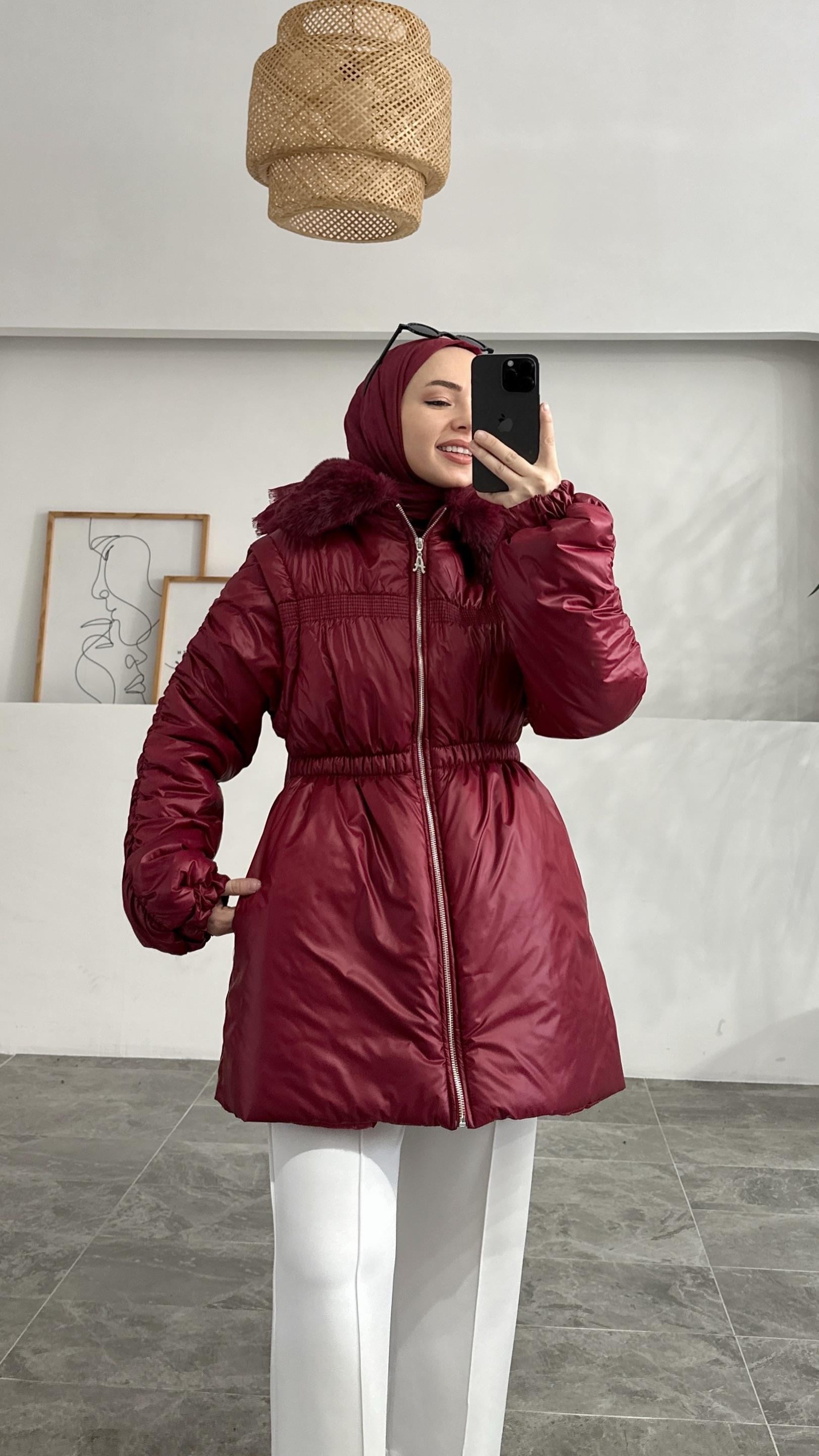 Nurlana Parlak Şişme Bordo Mont