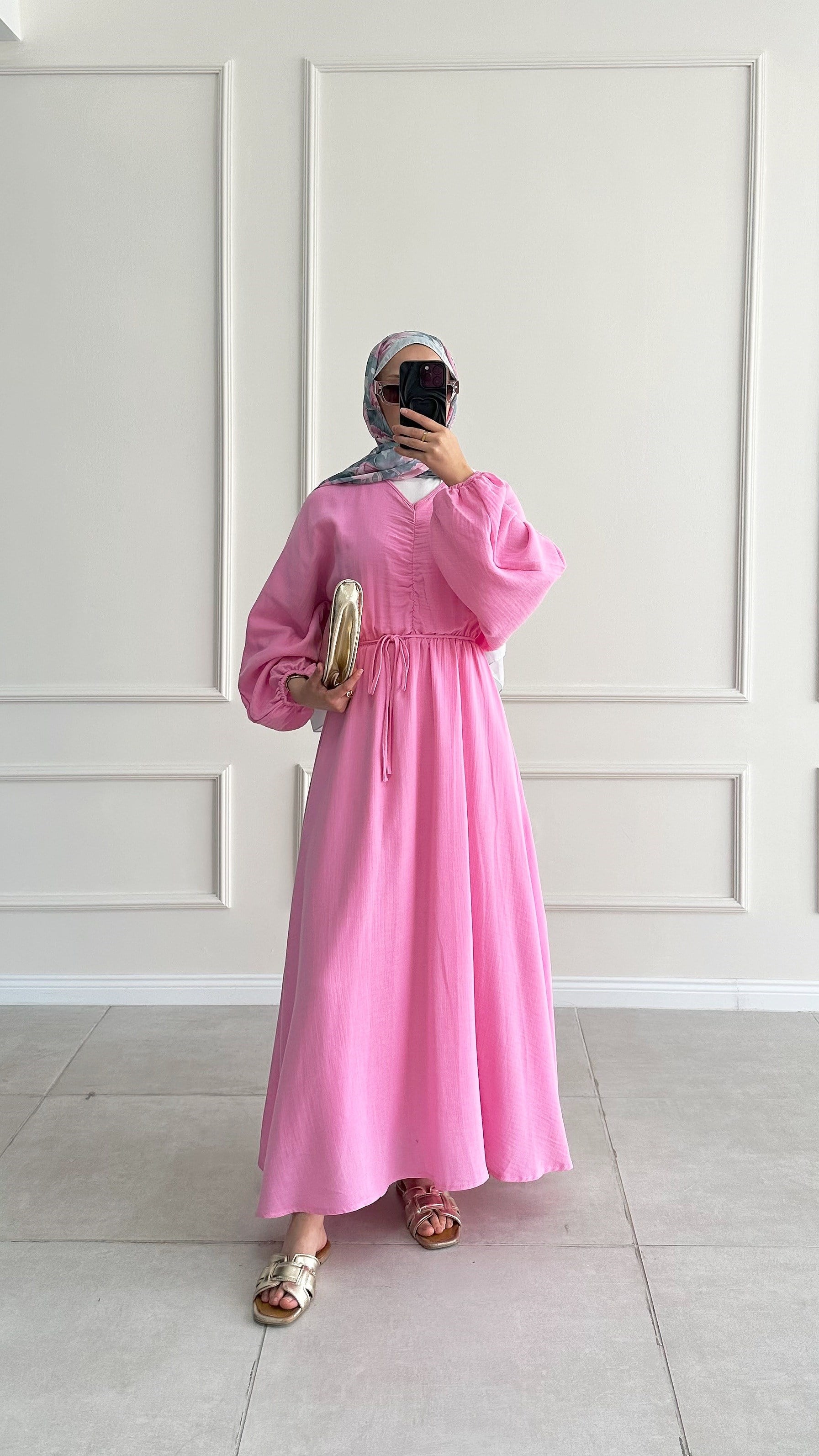 Pansel Büzgülü Müslin Pembe Elbise