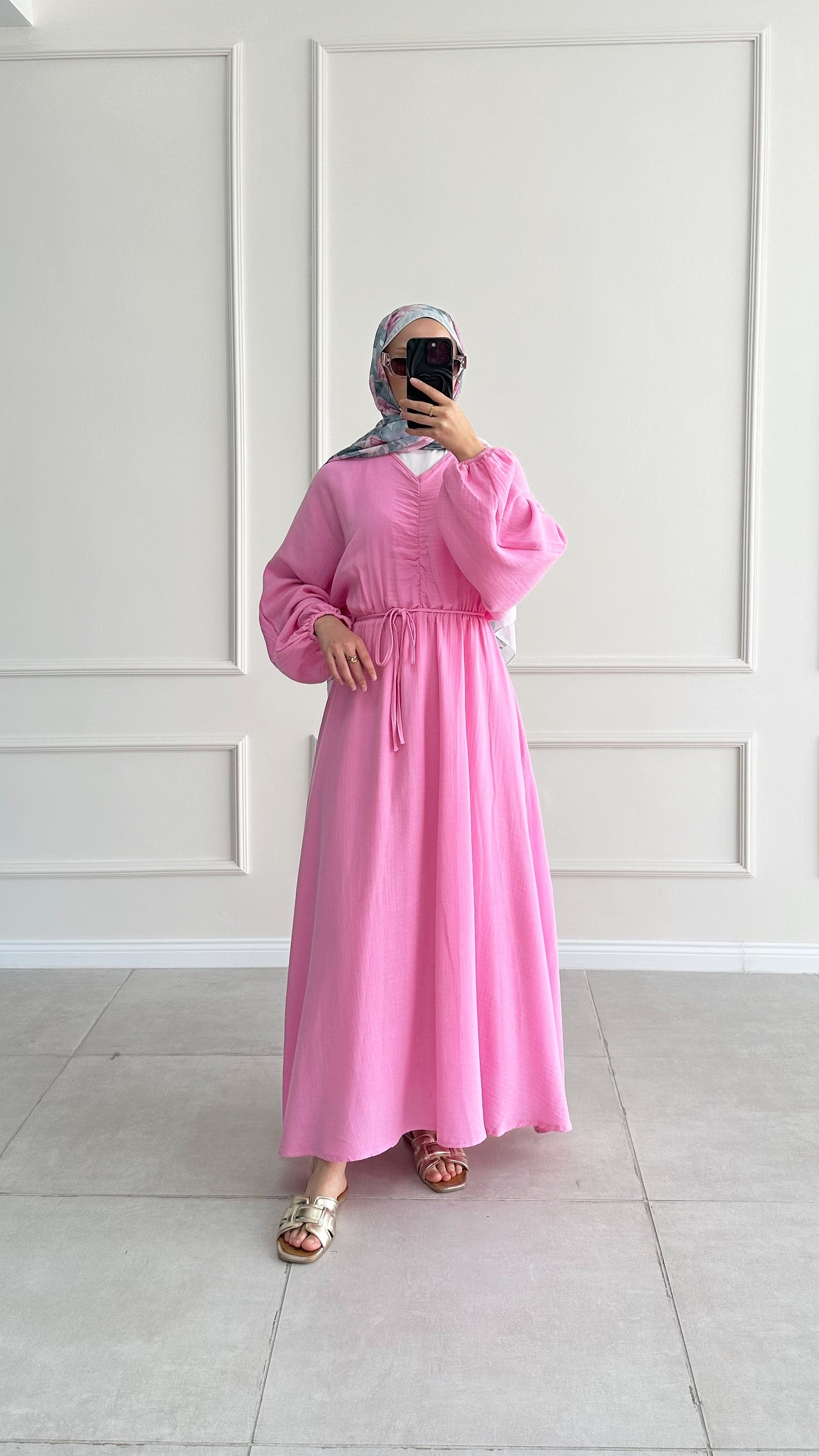 Pansel Büzgülü Müslin Pembe Elbise