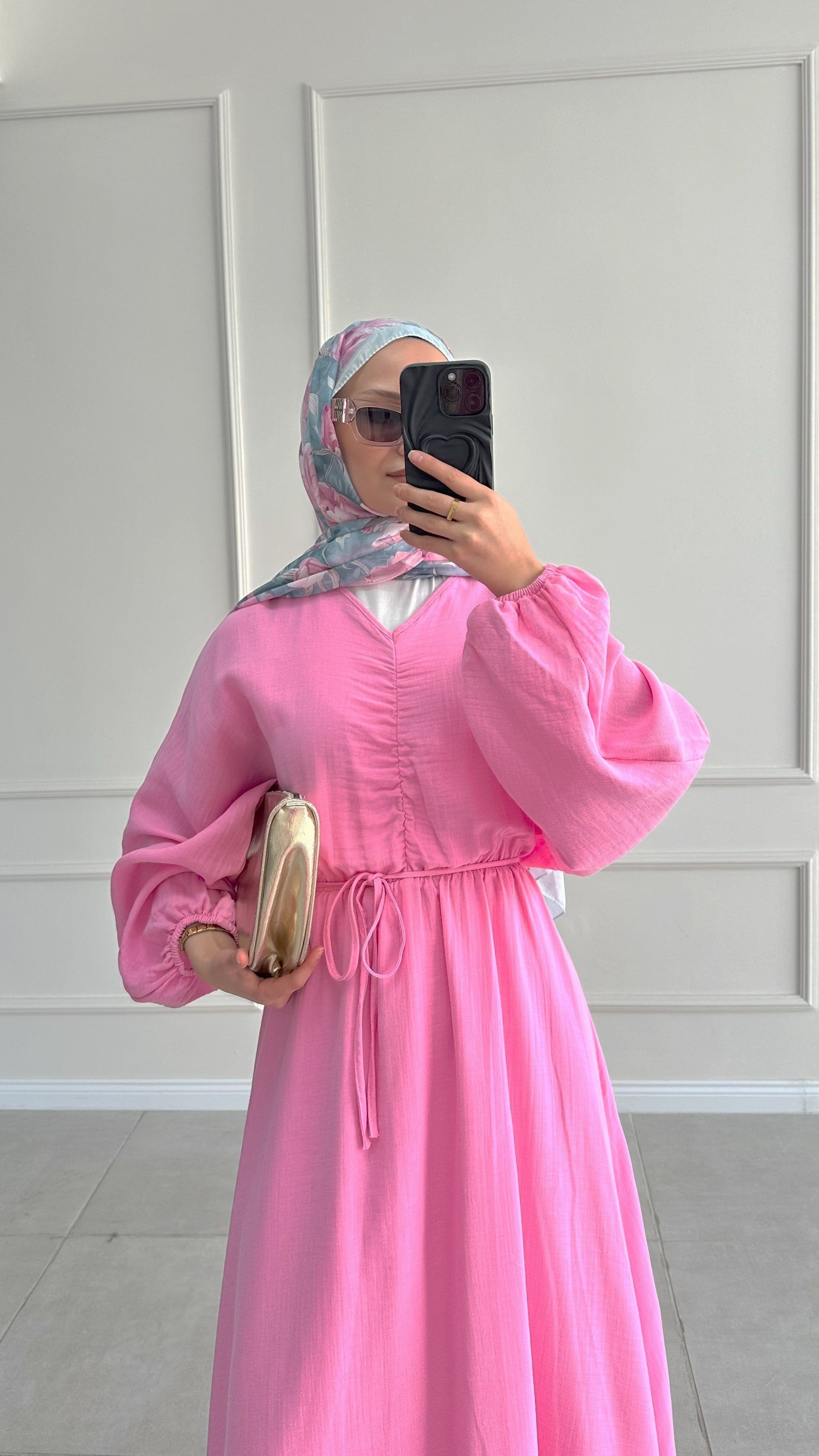 Pansel Büzgülü Müslin Pembe Elbise