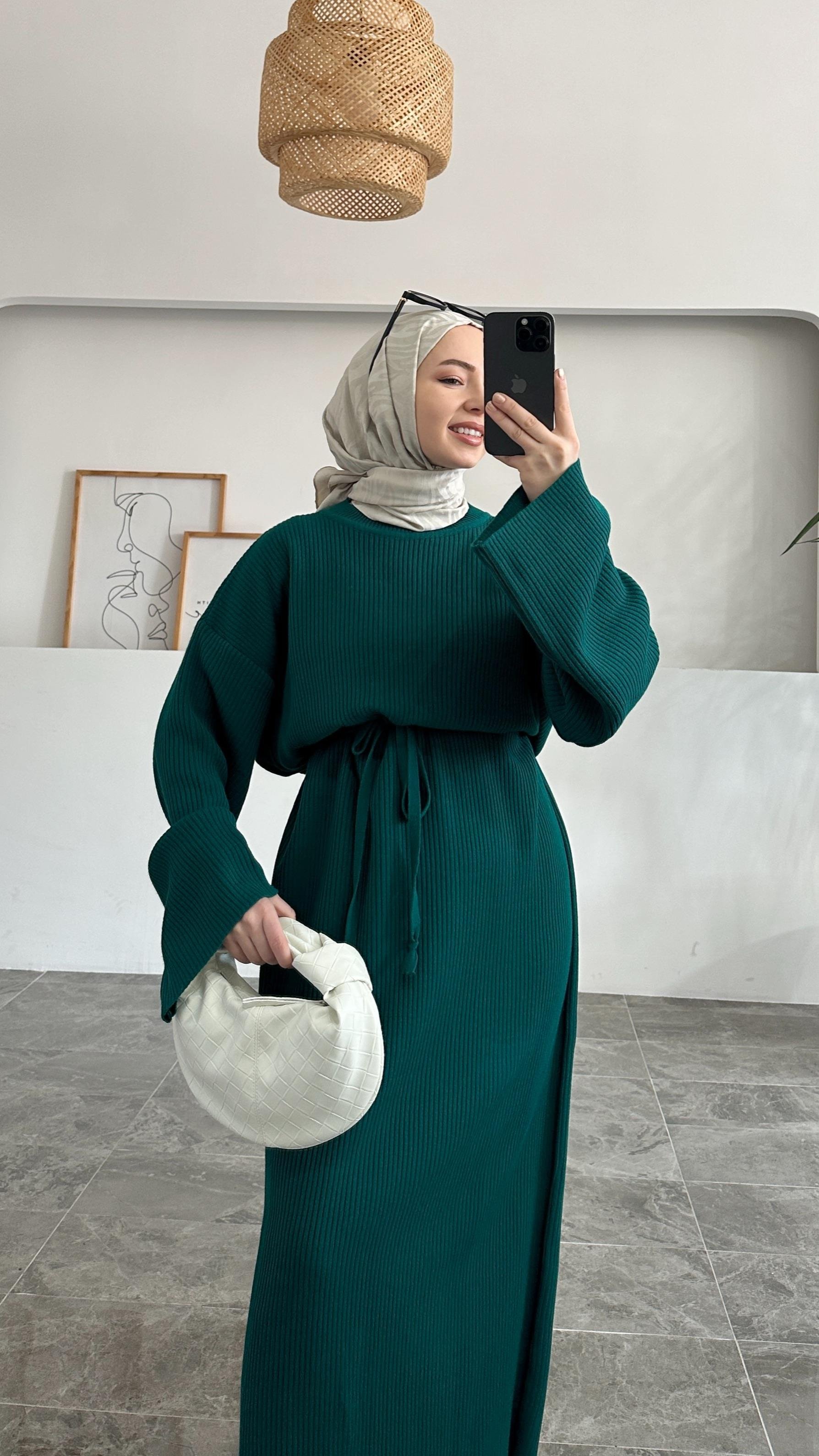 Pella Acı Yeşil Fitilli Triko Elbise